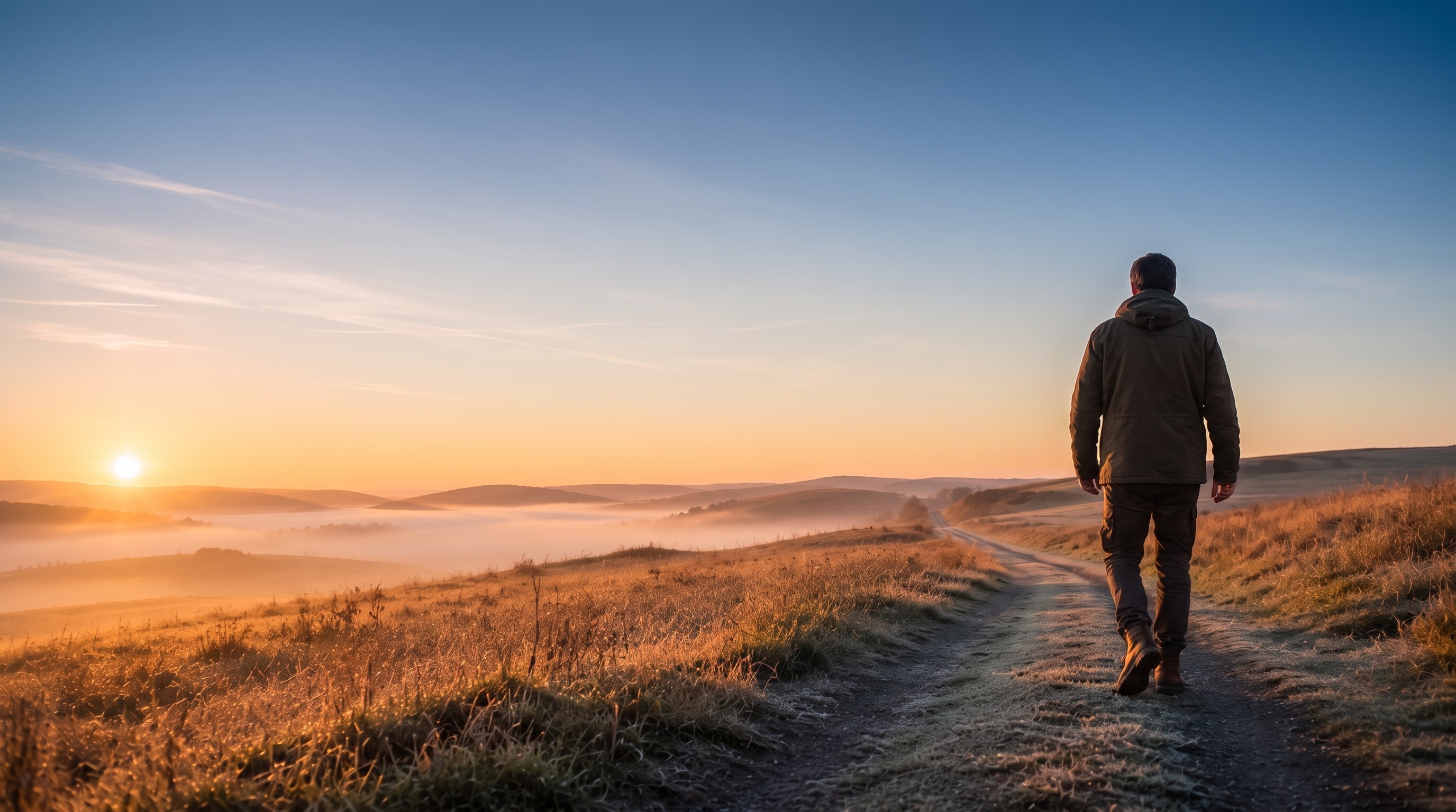 a man walking at the morning at field
