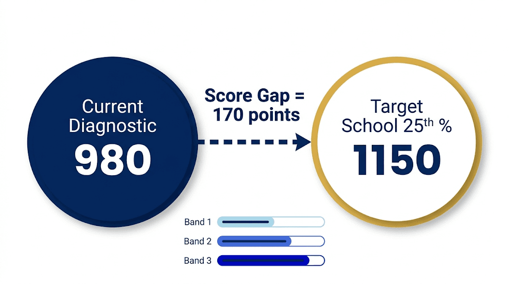 SAT score gap calculator showing current diagnostic score versus target school 25th percentile admitted average SAT score