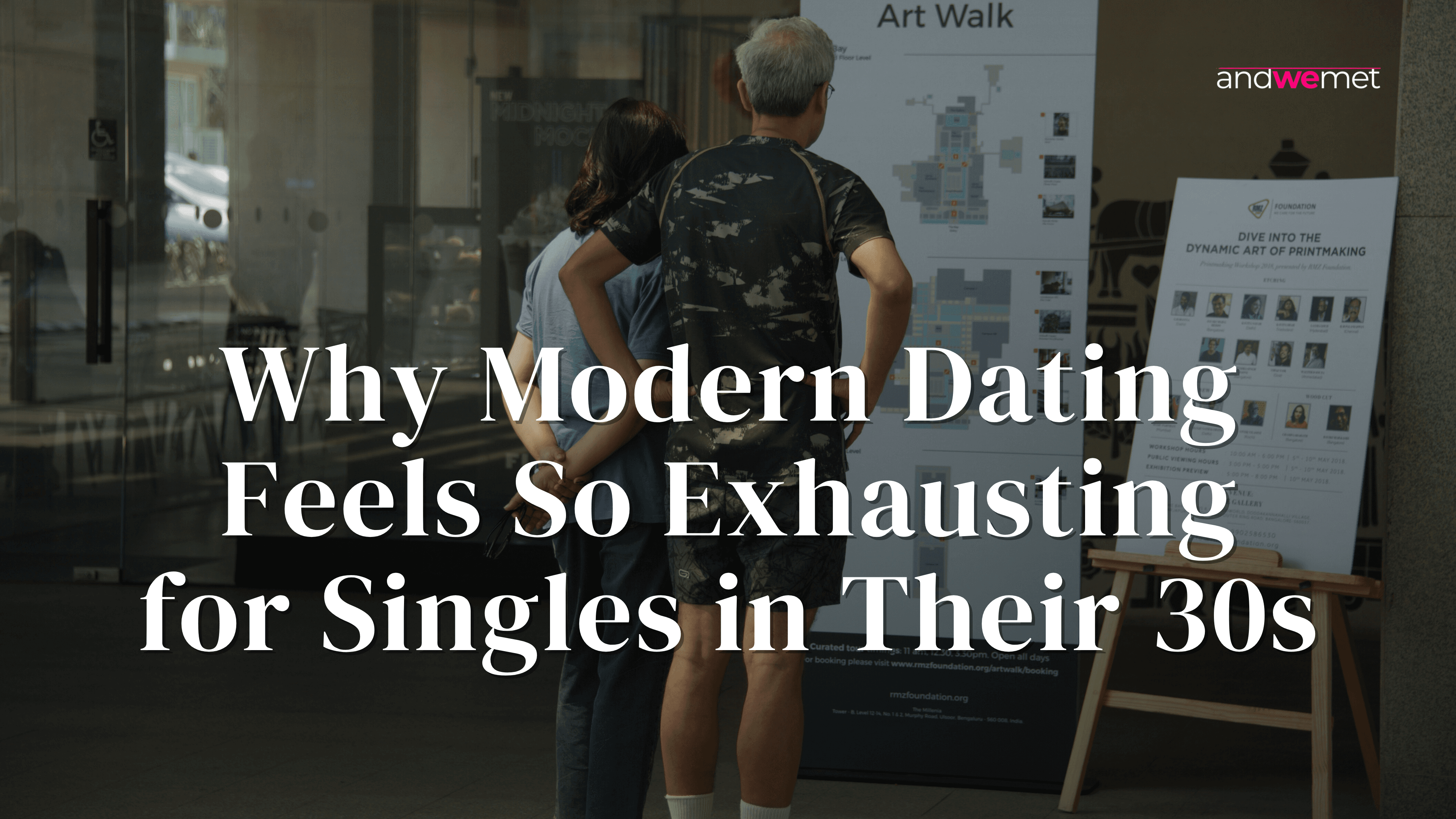 Couple viewing art gallery exhibition together representing meaningful connection amid exhausting modern dating landscape - andwemet blog on dating in your 30s