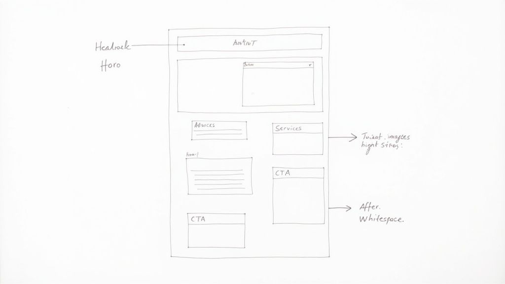 A hand-drawn wireframe sketch illustrating a website layout with header, content sections, services, and calls to action.