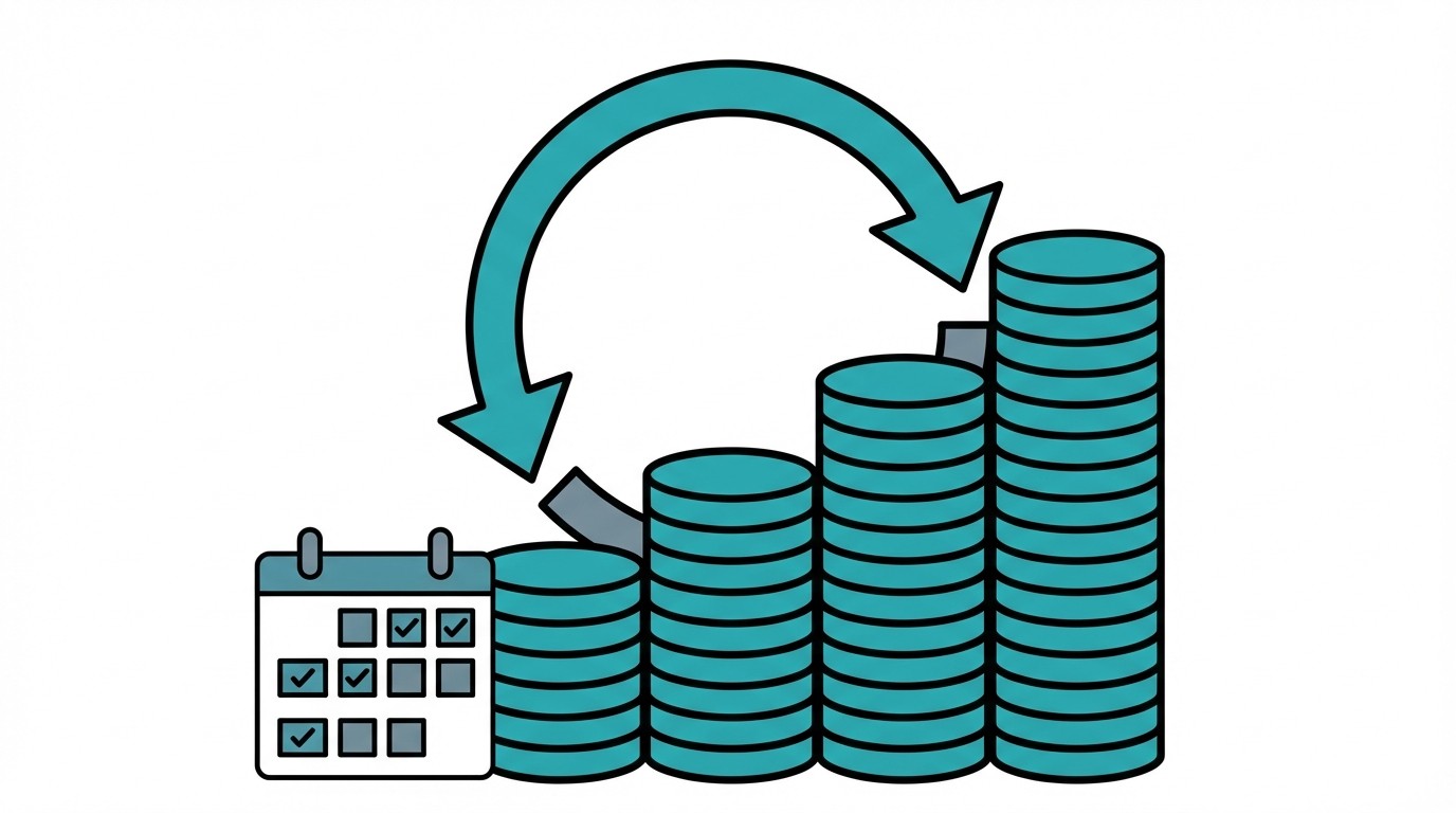 Grafik: Kalender neben ansteigenden Münzstapeln unter einem Pfeil. Symbolisiert regelmäßiges Sparen und Vermögensaufbau.