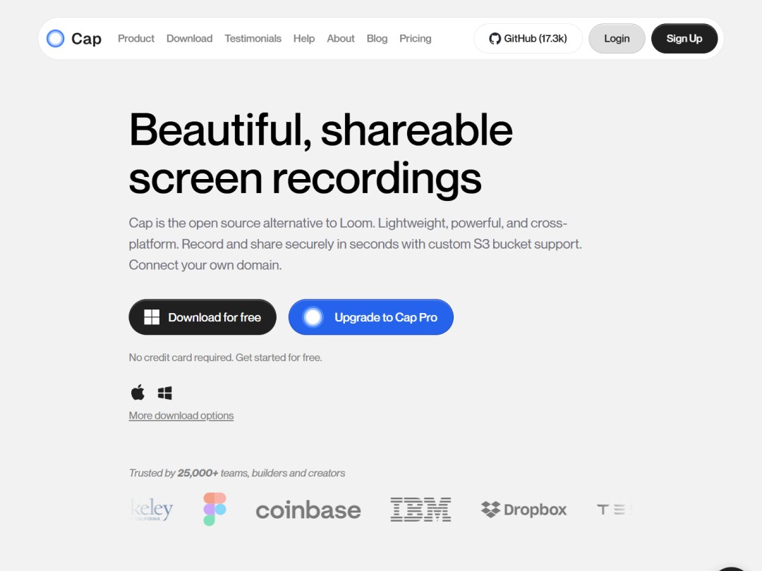 Cap homepage hero section promoting open source screen recording software with download and upgrade buttons