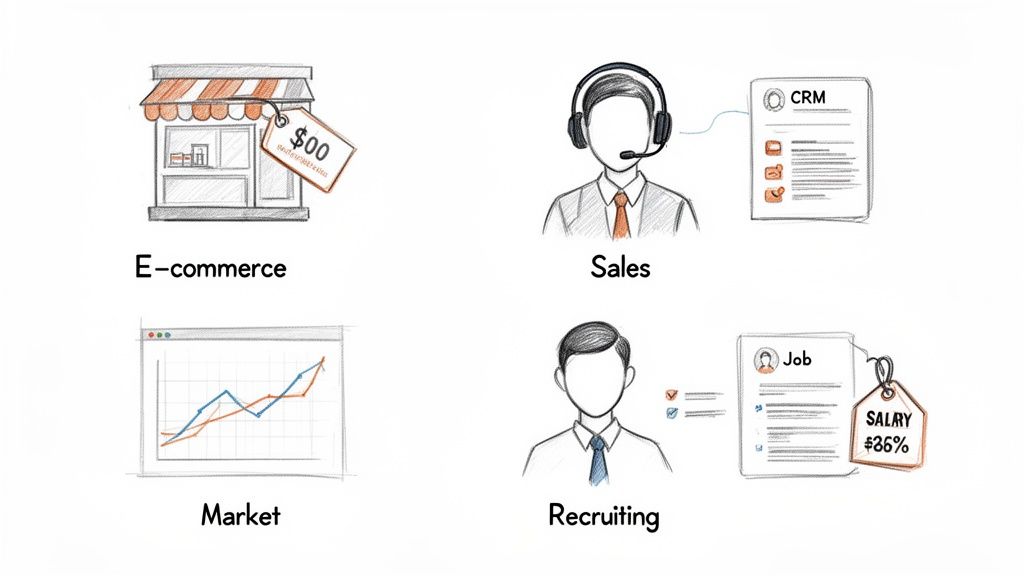 Four sketches illustrating business concepts: e-commerce, sales, market analysis, and recruiting.