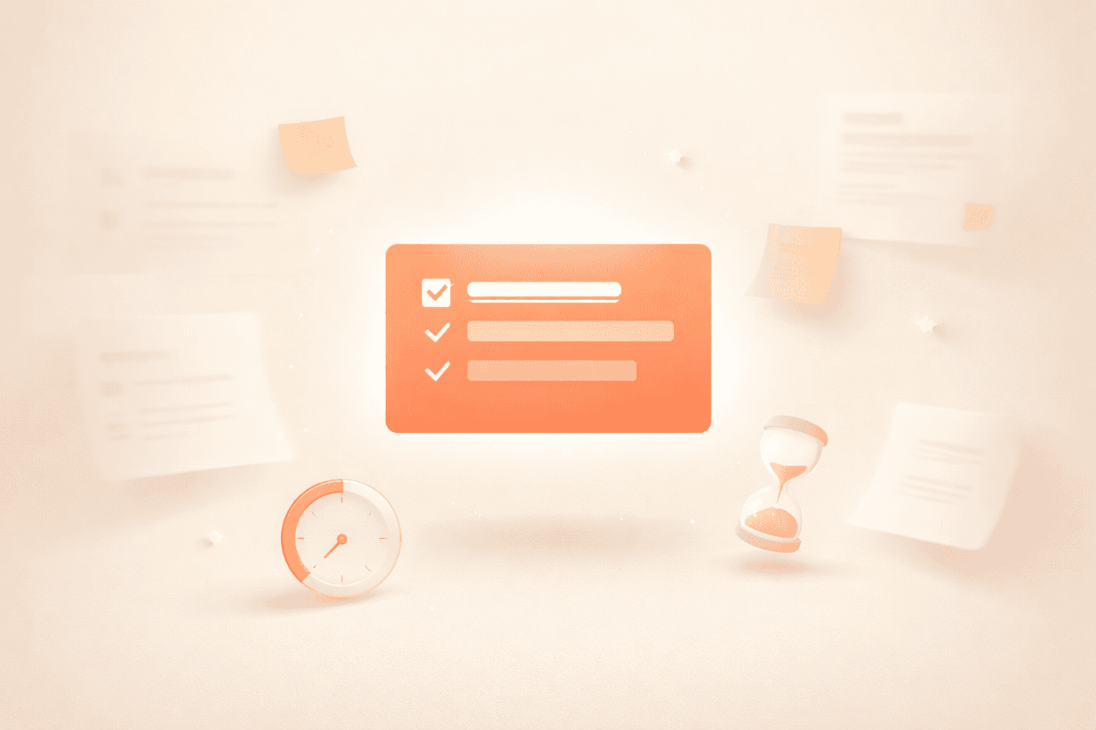 inimalistische 3D Illustration: Eine scharf fokussierte Aufgabenkarte in Korallorange schwebt zentral auf warm beigem Hintergrund, umgeben von verschwimmenden Karten und dezenten Timer Elementen, die Ablenkung und Zeitstruktur zeigen.