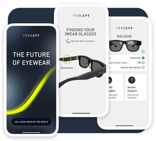 The image showcases a mobile app interface for "Percept," featuring sleek sunglasses with smart technology, highlighting "The Future of Eyewear," detailed connectivity settings, and an emphasis on accessibility and innovation in eyewear design.