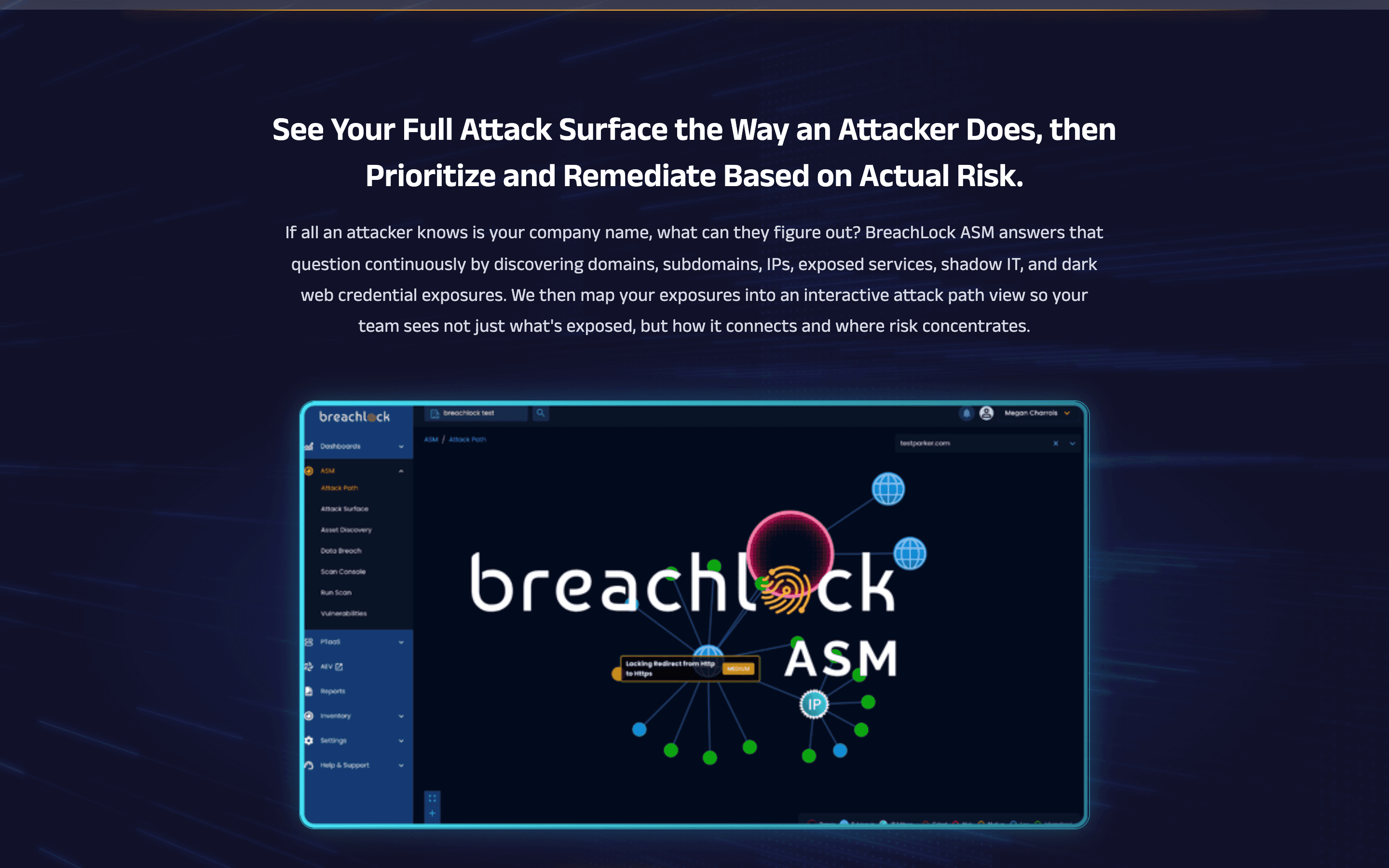 BreachLock ASM page showing its attack surface and interactive attack-path product mockup