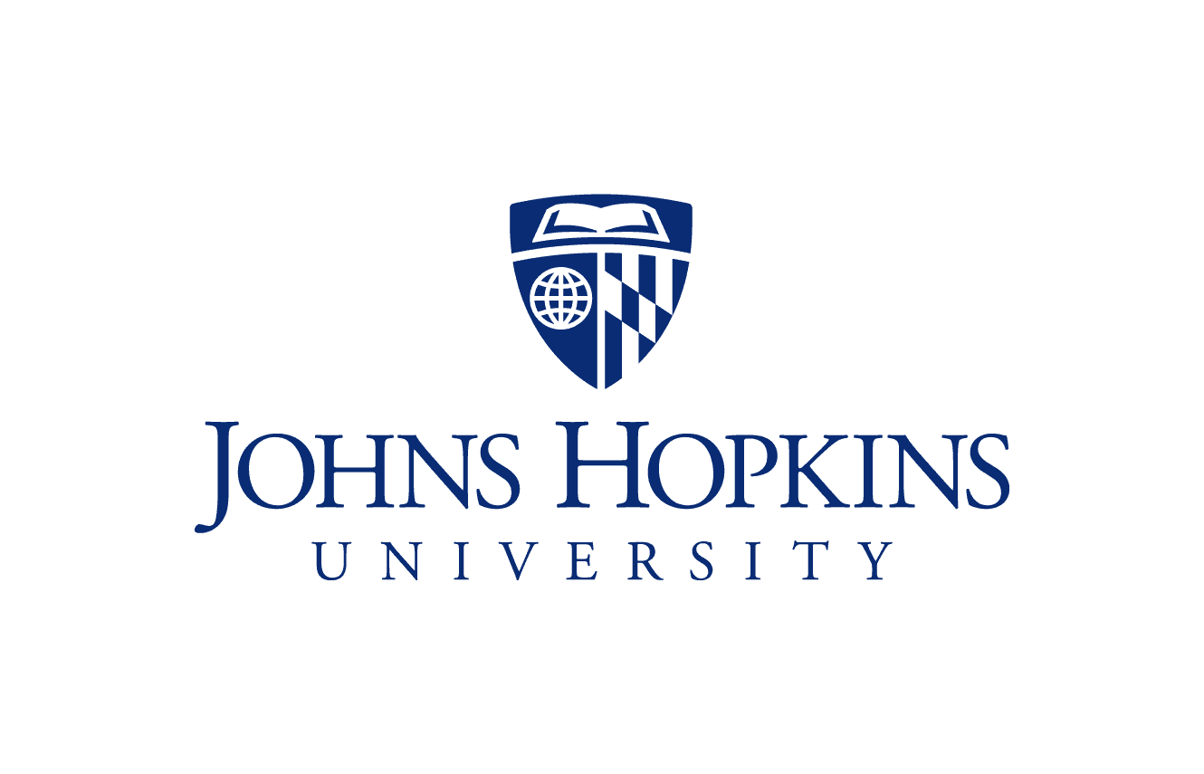The image displays the Johns Hopkins University logo, featuring a shield with a globe, an open book, and a black and white checkerboard pattern above the bold blue text "JOHNS HOPKINS UNIVERSITY."