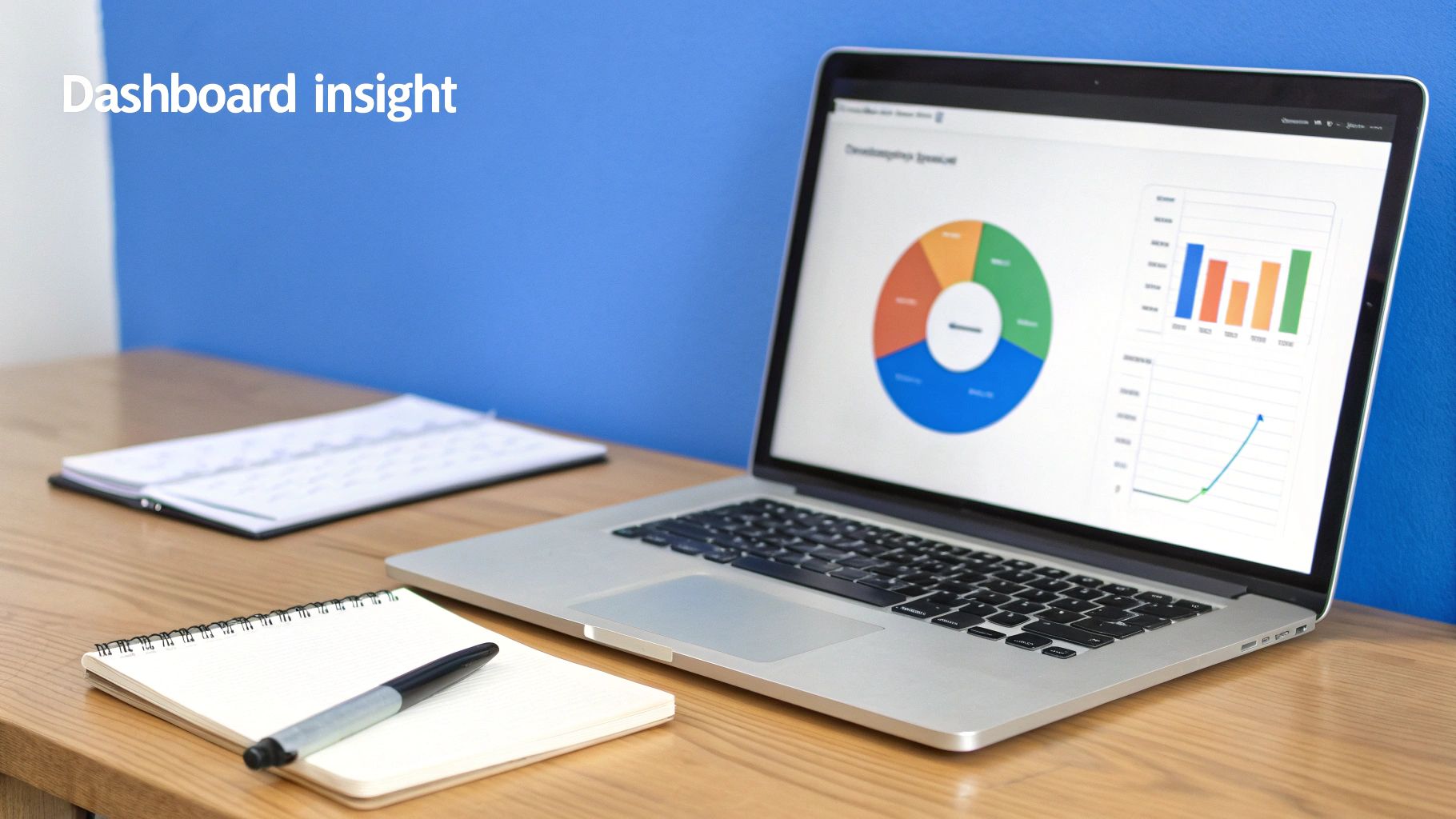 A laptop on a wooden desk displaying a data dashboard with a pie chart, bar graph, and line graph.