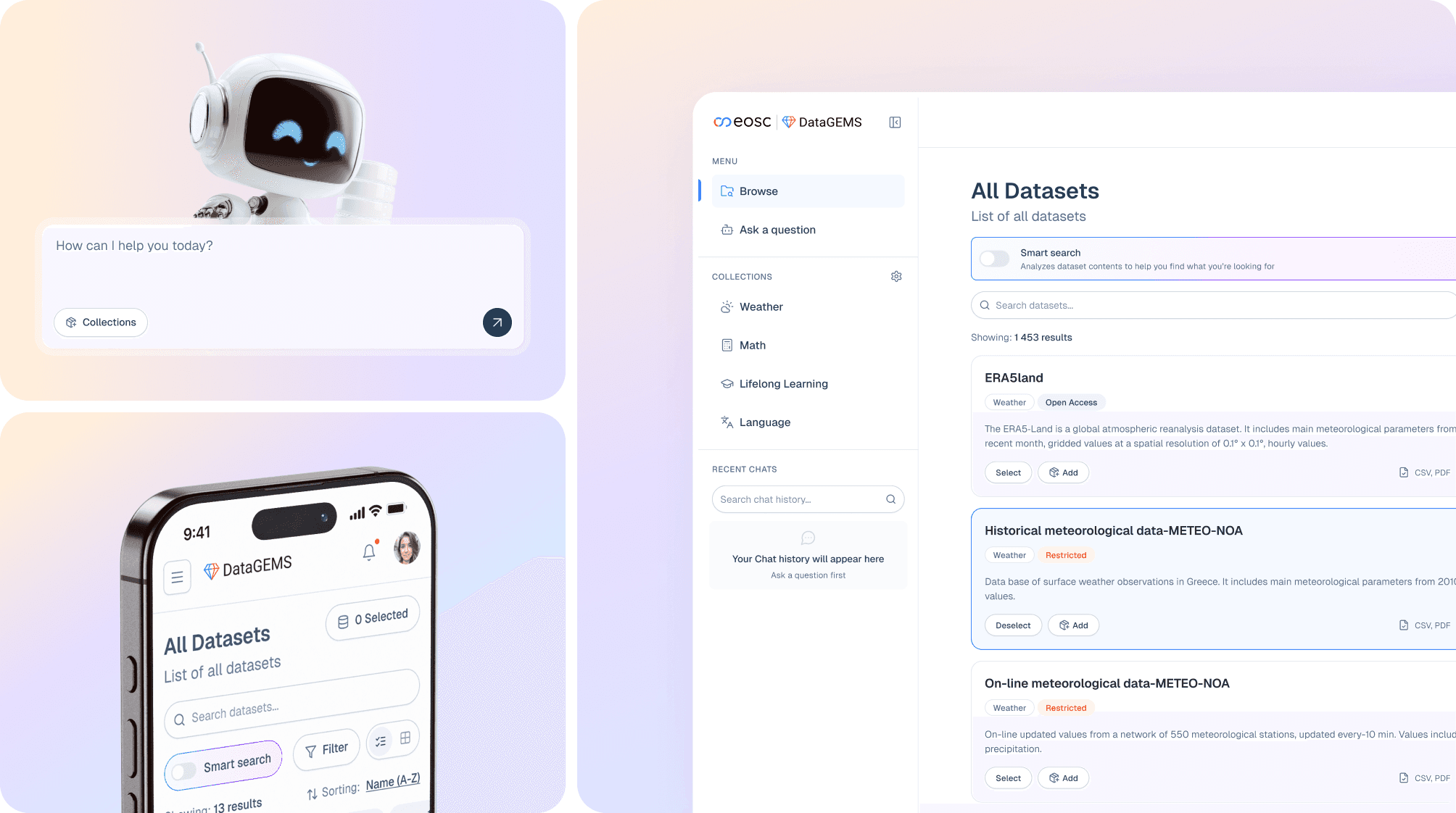 Datagems main image with happy robot, phone closeup and desktop application screen.