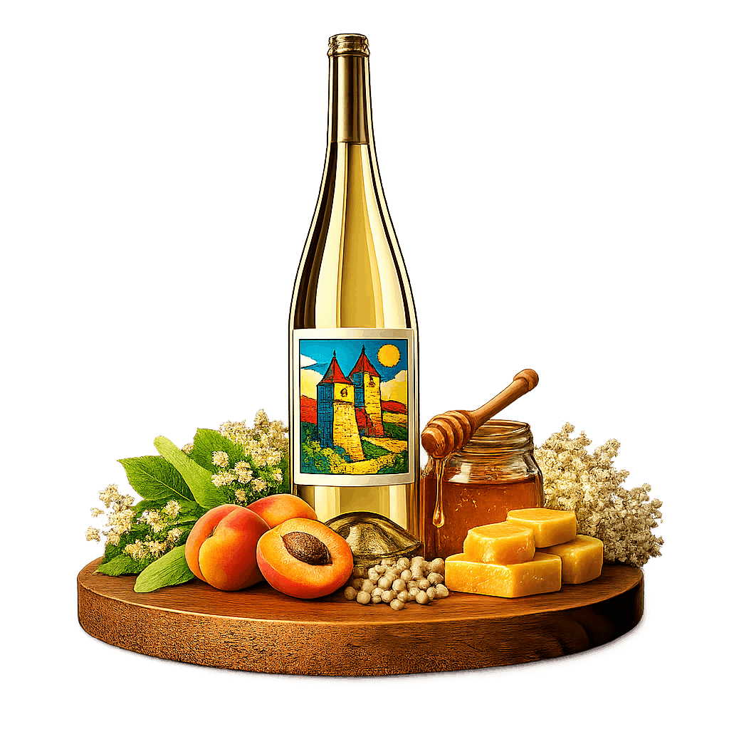 Artistic label and flavor profile for Tokajska Lipovina on a rustic wooden table.