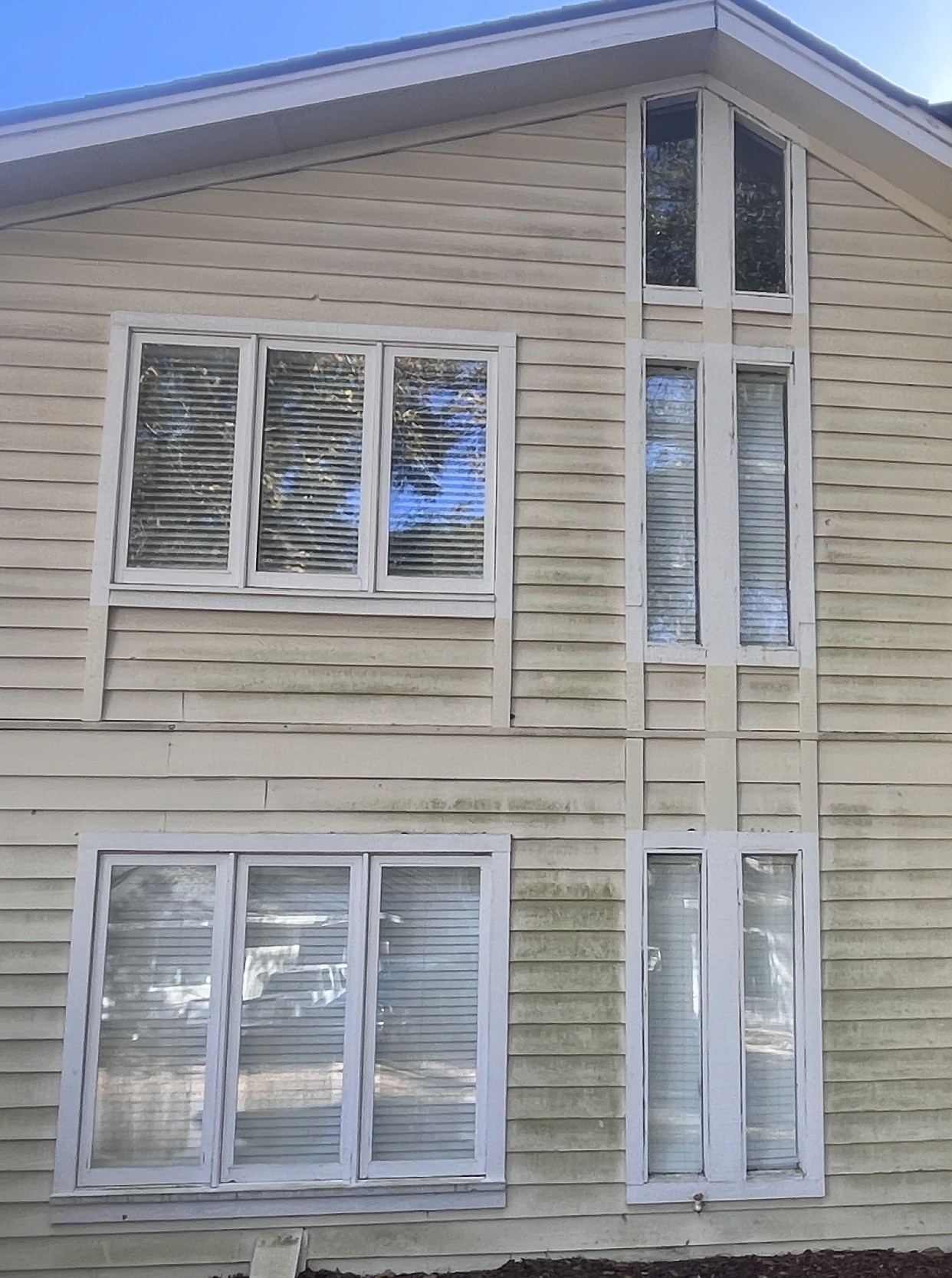 Before and after—home siding soft washed, surface free from algae and grime