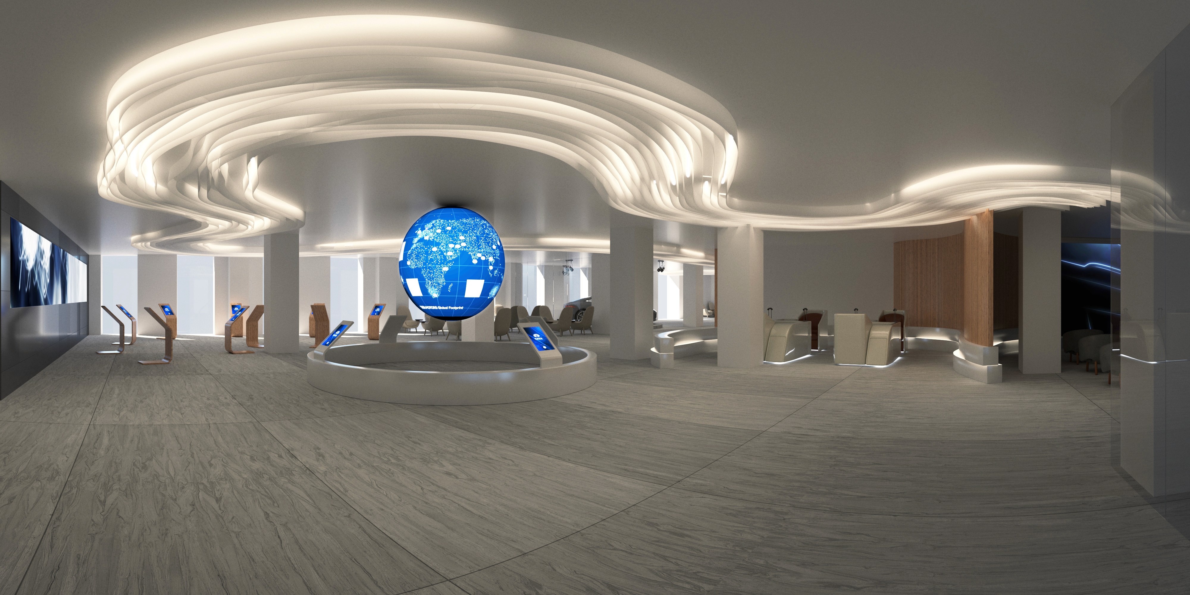 A modern, futuristic exhibition hall with a sleek design features illuminated curved ceilings and an interactive globe centerpiece, surrounded by digital kiosks on a polished concrete floor.
