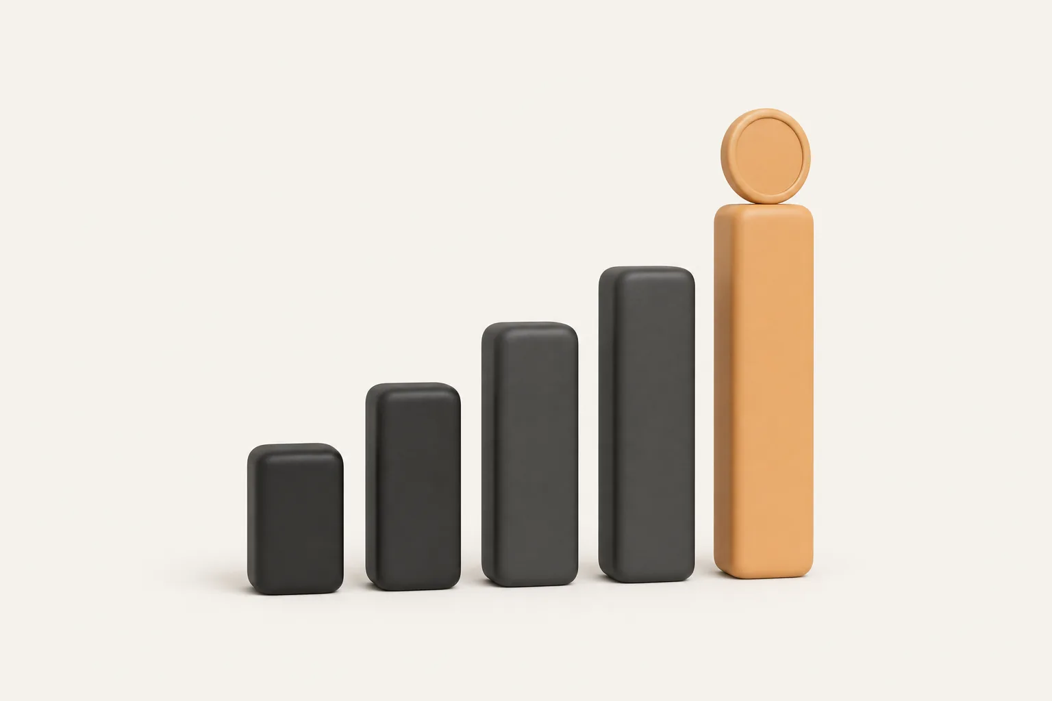 Minimal 3D ascending bar chart with a coin on the top bar