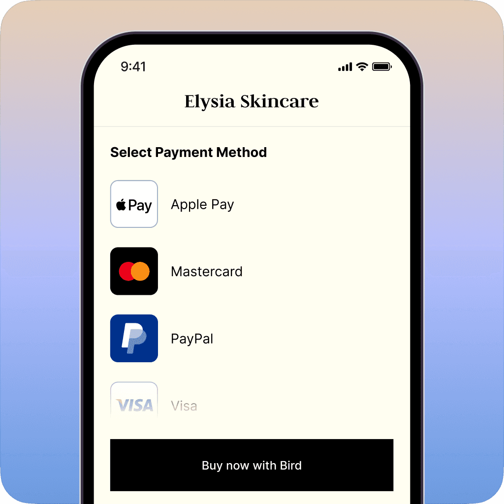 Payment selection screen showing multiple options including Apple Pay, Mastercard and Pay with Bird option