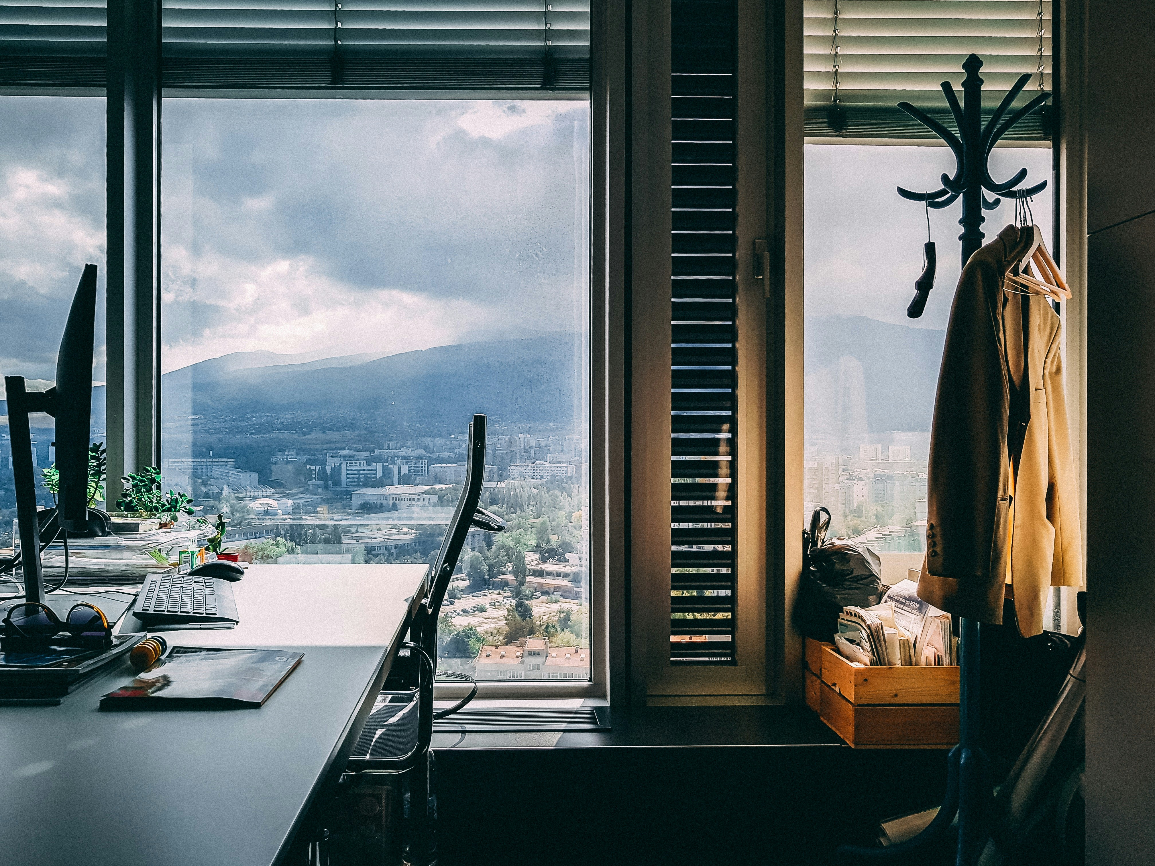 Modern workspace with a view of the mountains.