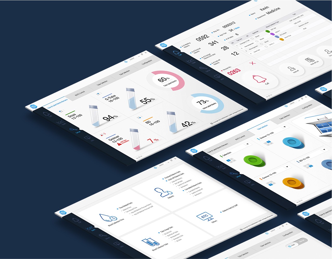 채혈관 준비 상태와 검사 데이터를 관리하는 의료 소프트웨어 대시보드 화면