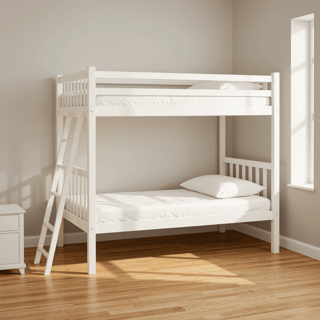 product photography of a bunk bed with a white finish, designed for sleeping arrangements in a compact space