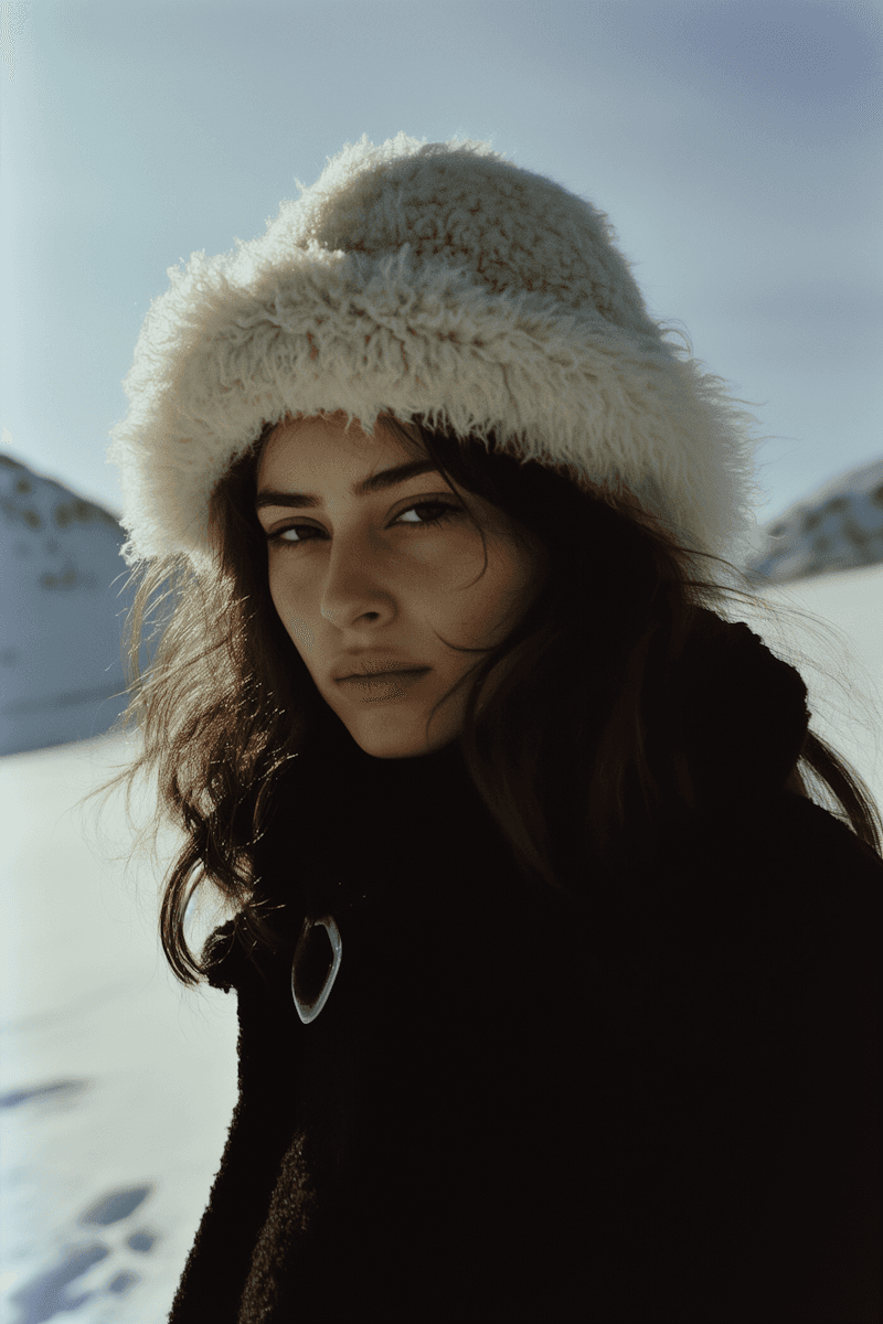 Editorial winter portrait with fluffy hat
