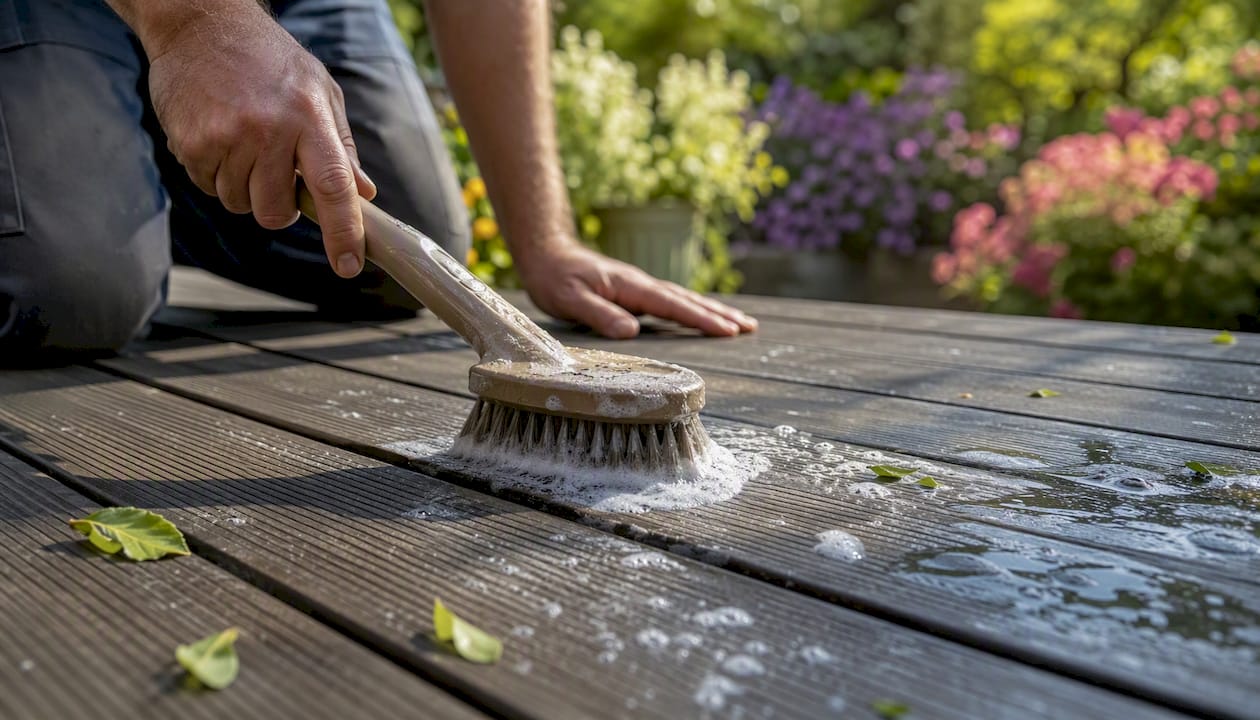 Person brushing capped composite deck surface