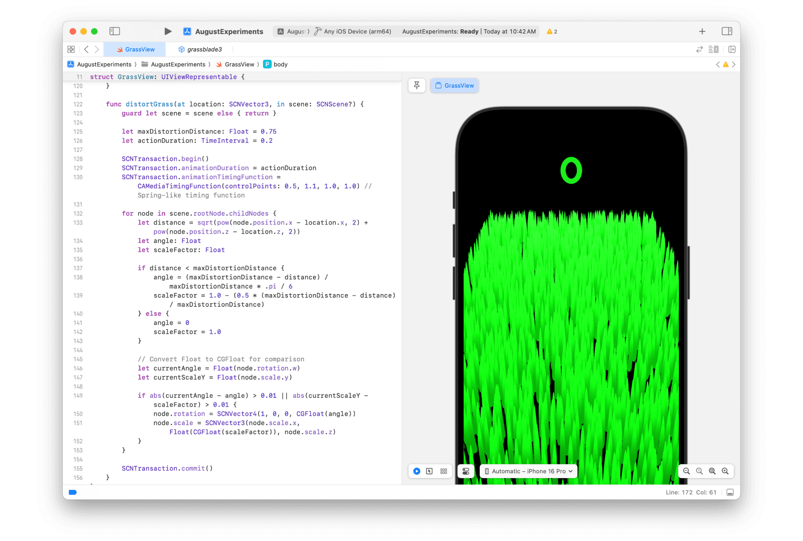 A screenshot of Xcode with code and a screenshot preview of a phone with grass