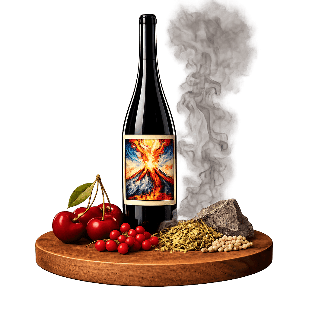 Artistic label and flavor profile for Sicilian Etna Red on a rustic wooden table.