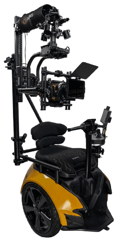 Image of CAERUS wheelchair camera system fully rigged with RED Raptor X cine camera.