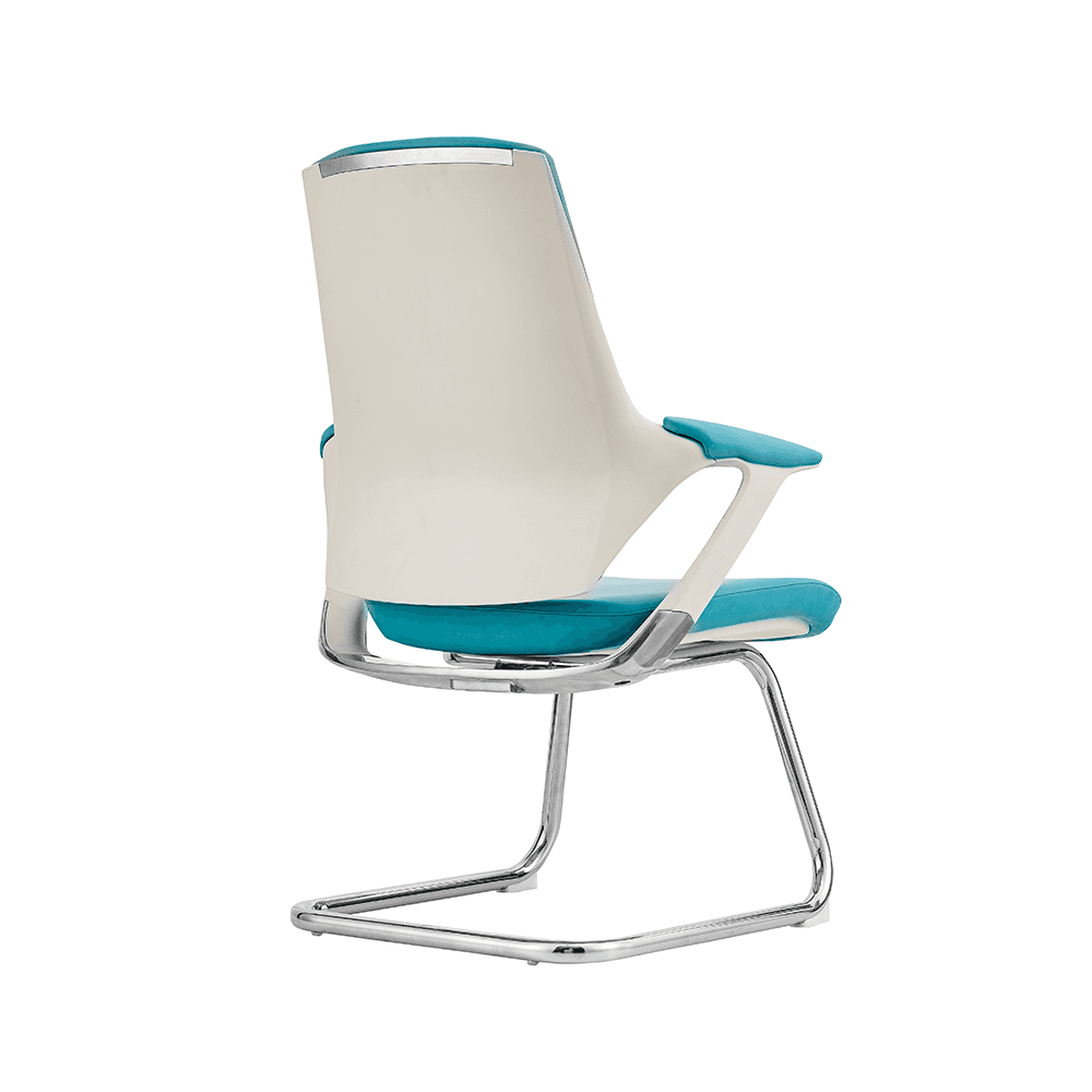 Rear view of a modern teal blue guest office chair featuring a chrome sled base, sleek white back shell, and ergonomic mid-back design.
