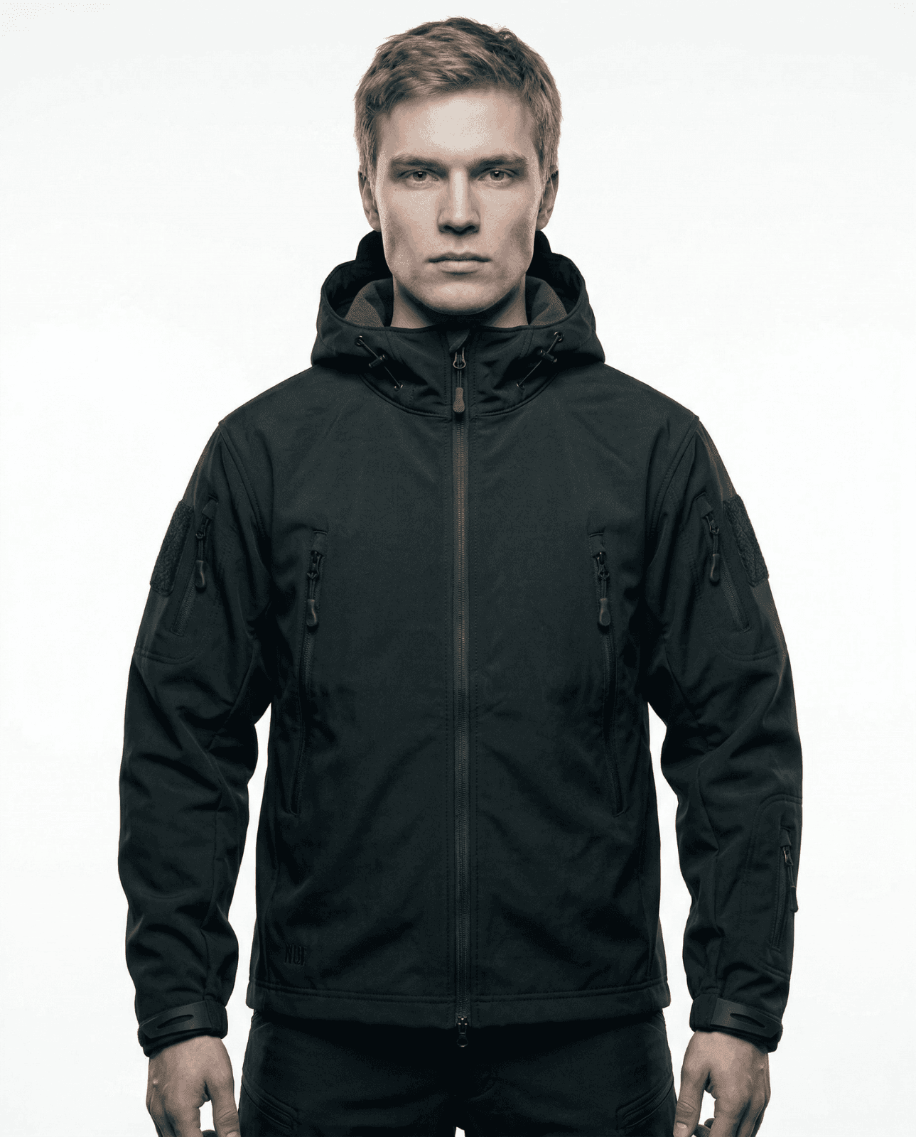 Model wearing Tactrix T1 tactical softshell jacket front view