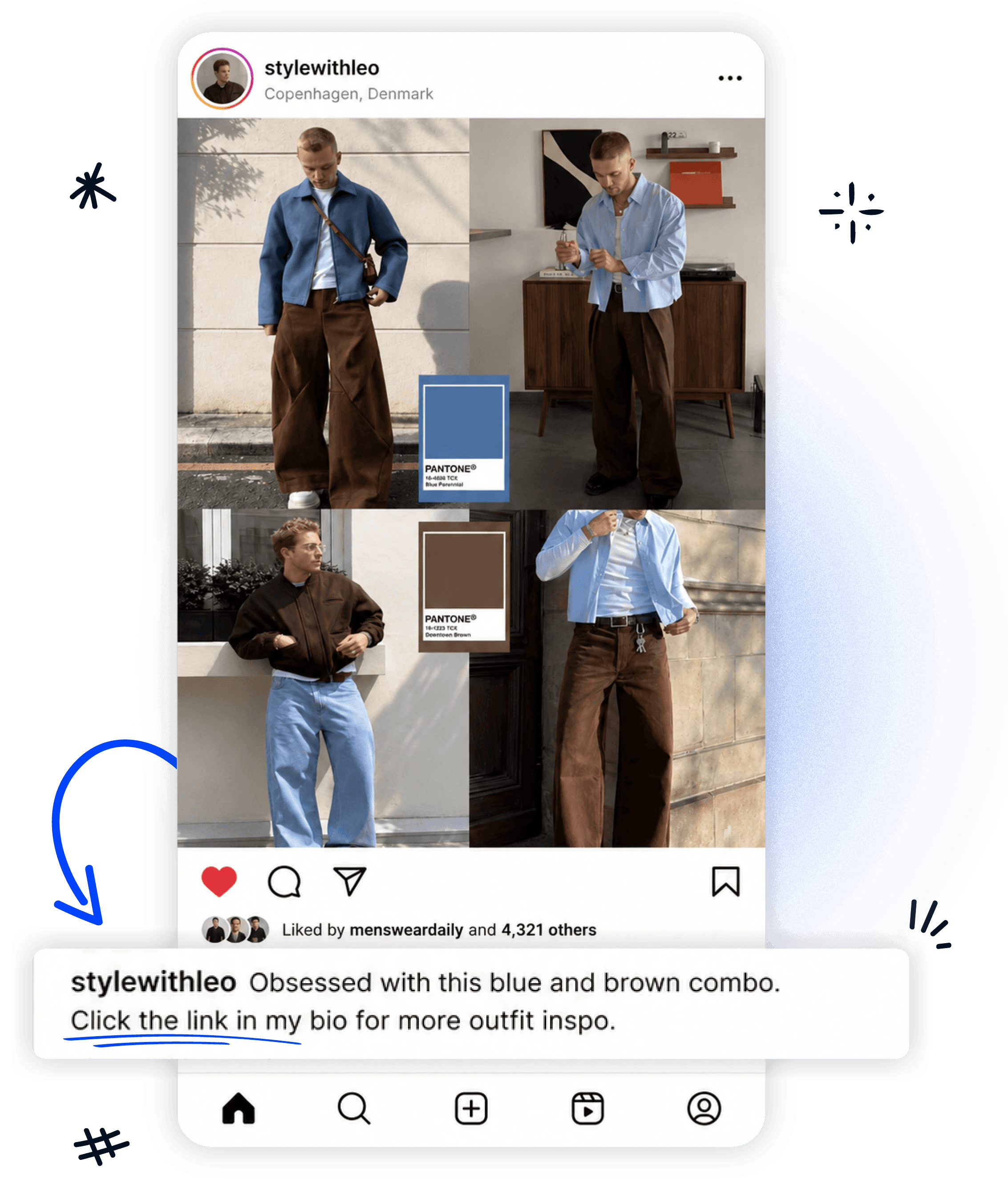 A woman working on a laptop with a visual marketing funnel directing Instagram followers to a profile link.