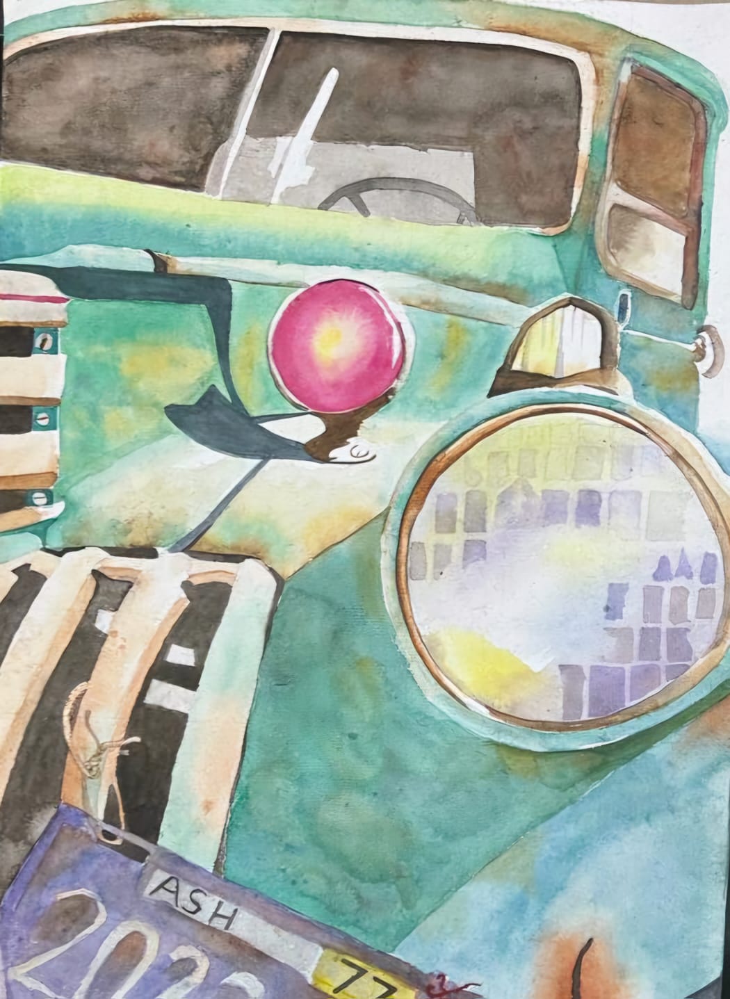 A water color painting of an antique car.