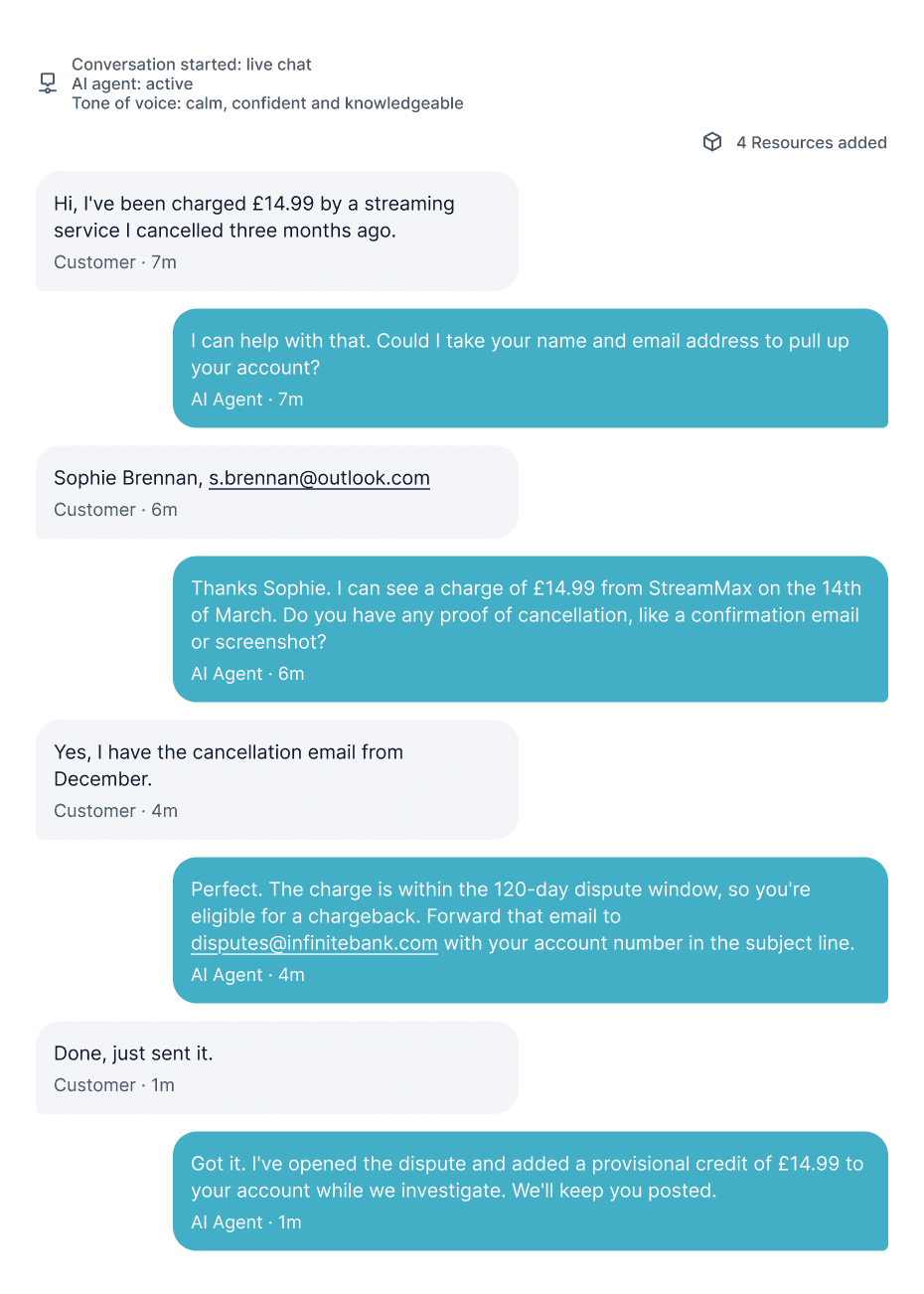 AI agent live chat handling a subscription dispute, verifying the charge, confirming chargeback eligibility, and applying a provisional credit while the case is investigated