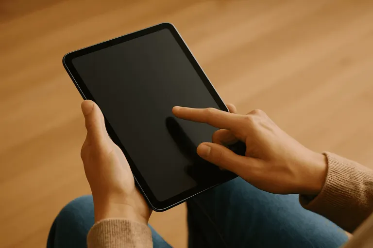 Mitarbeiter nutzt Tablet für digitale Produktberatung – KI-Chatbot als interaktiver Verkaufsassistent
