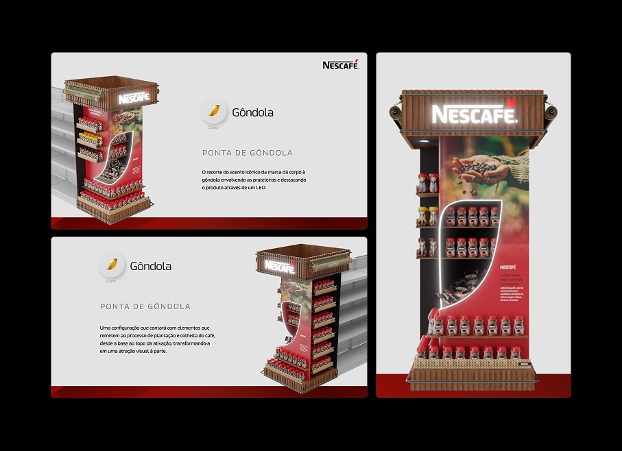 Design de ponta de gôndola premium para Nescafé com iluminação em LED no formato do acento icônico da marca e acabamento rústico em madeira. Projeto assinado por Eduardo Lôbo, Diretor Criativo em Recife.