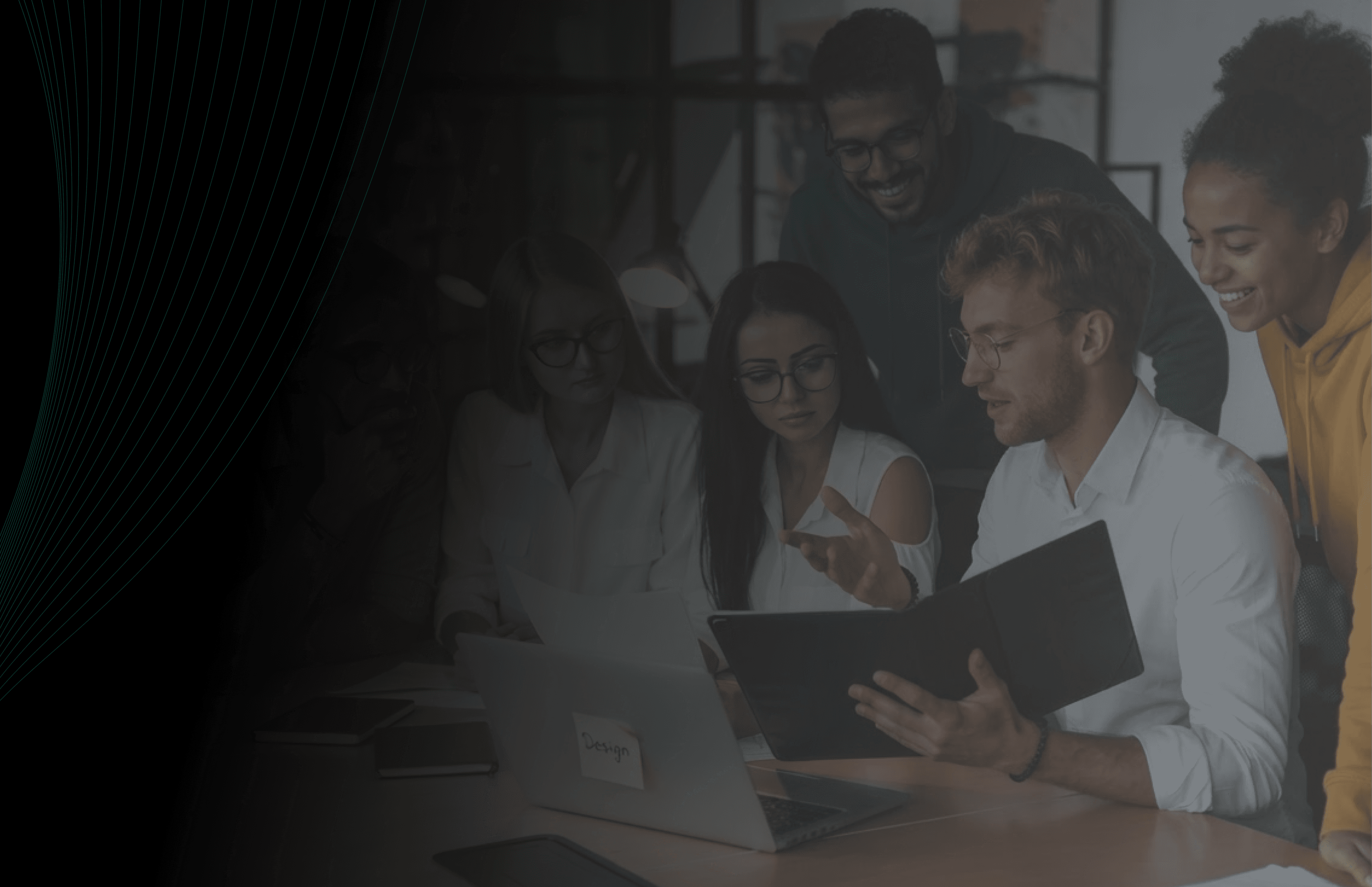 Diverse office team collaborating at a table with dark left gradient.