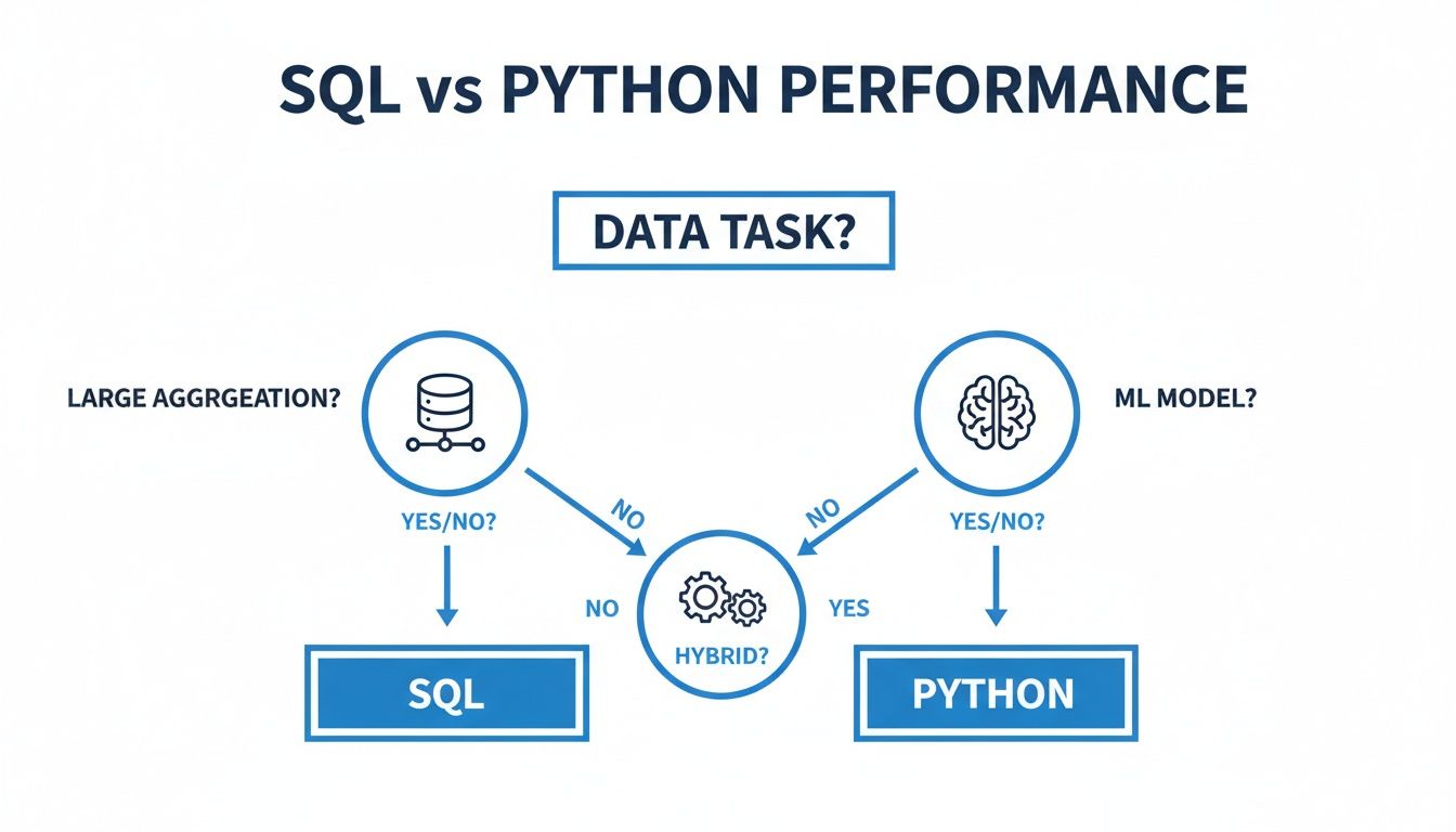 Flowchart comparing SQL and Python performance for data tasks, guiding decisions based on aggregation or ML models.