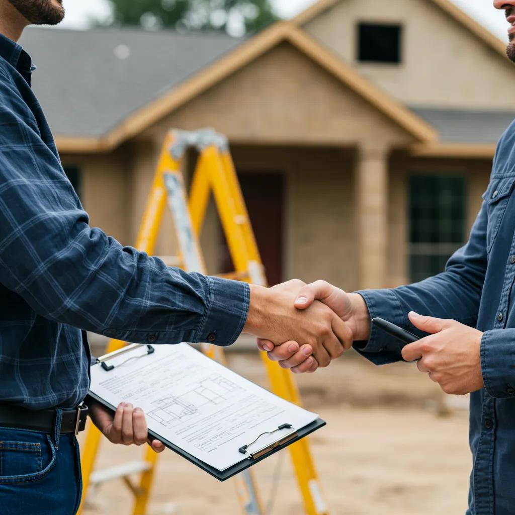 Homeowner and contractor shaking hands in front of a home renovation
