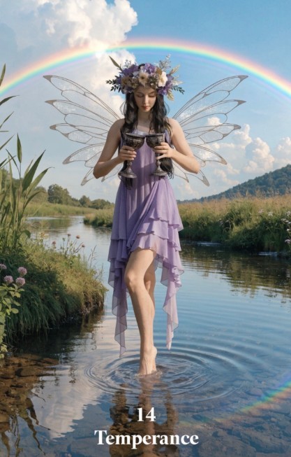 representation of tarot card number 14, temperance. A fairy is holding two cups. She's standing on a shallow river and her feet are barely on the water. A rainbow crosses the semi cloudy sky