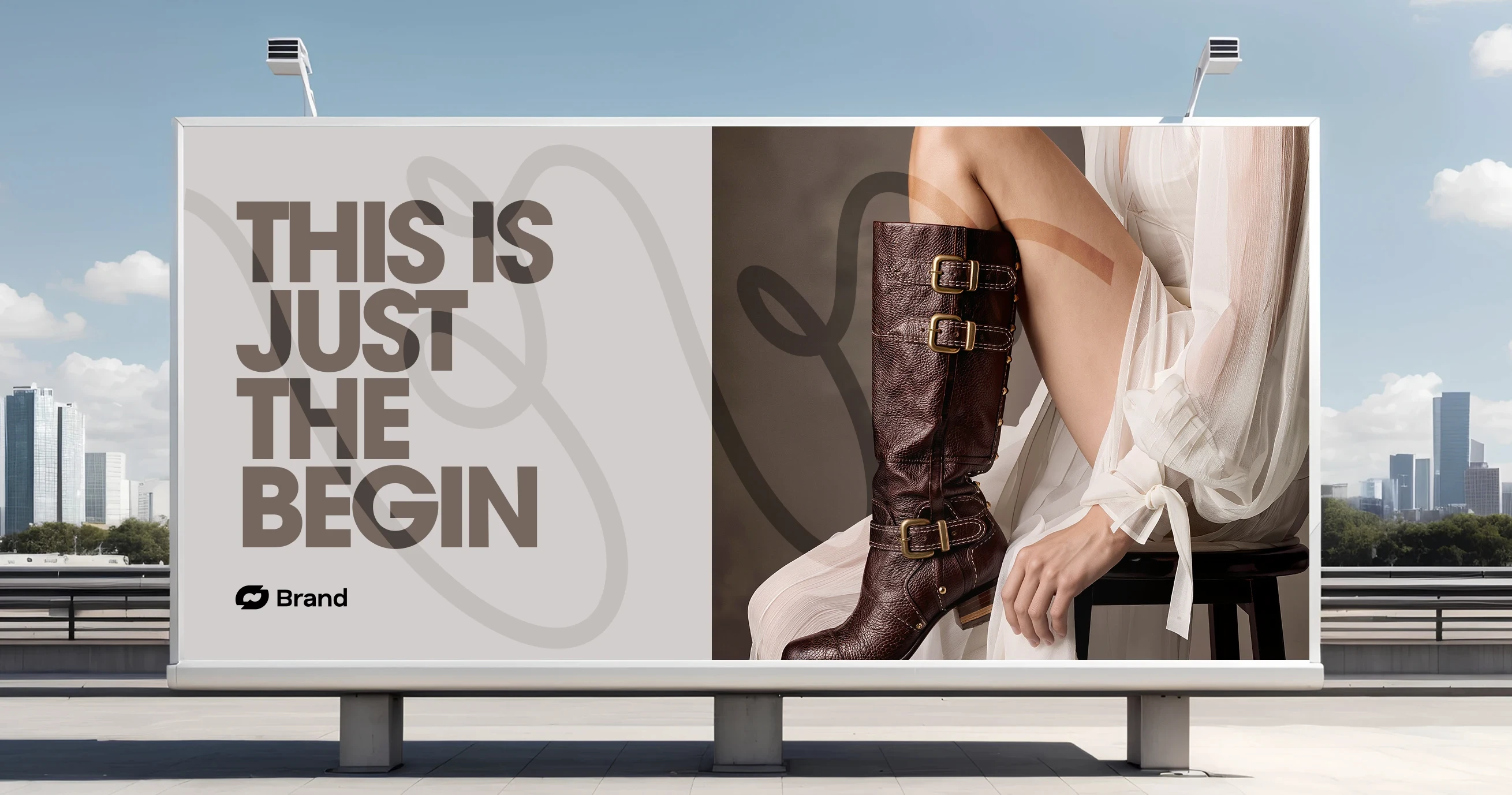 Billboard with text and woman in brown boots and white dress.