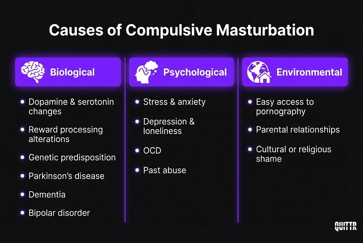 Three categories of compulsive masturbation causes: biological factors like dopamine changes, psychological factors like stress and OCD, and environmental factors like pornography access