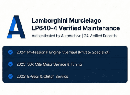 AutoArchive verified service history card for Lamborghini Murciélago showing AI-authenticated records and shareable link
