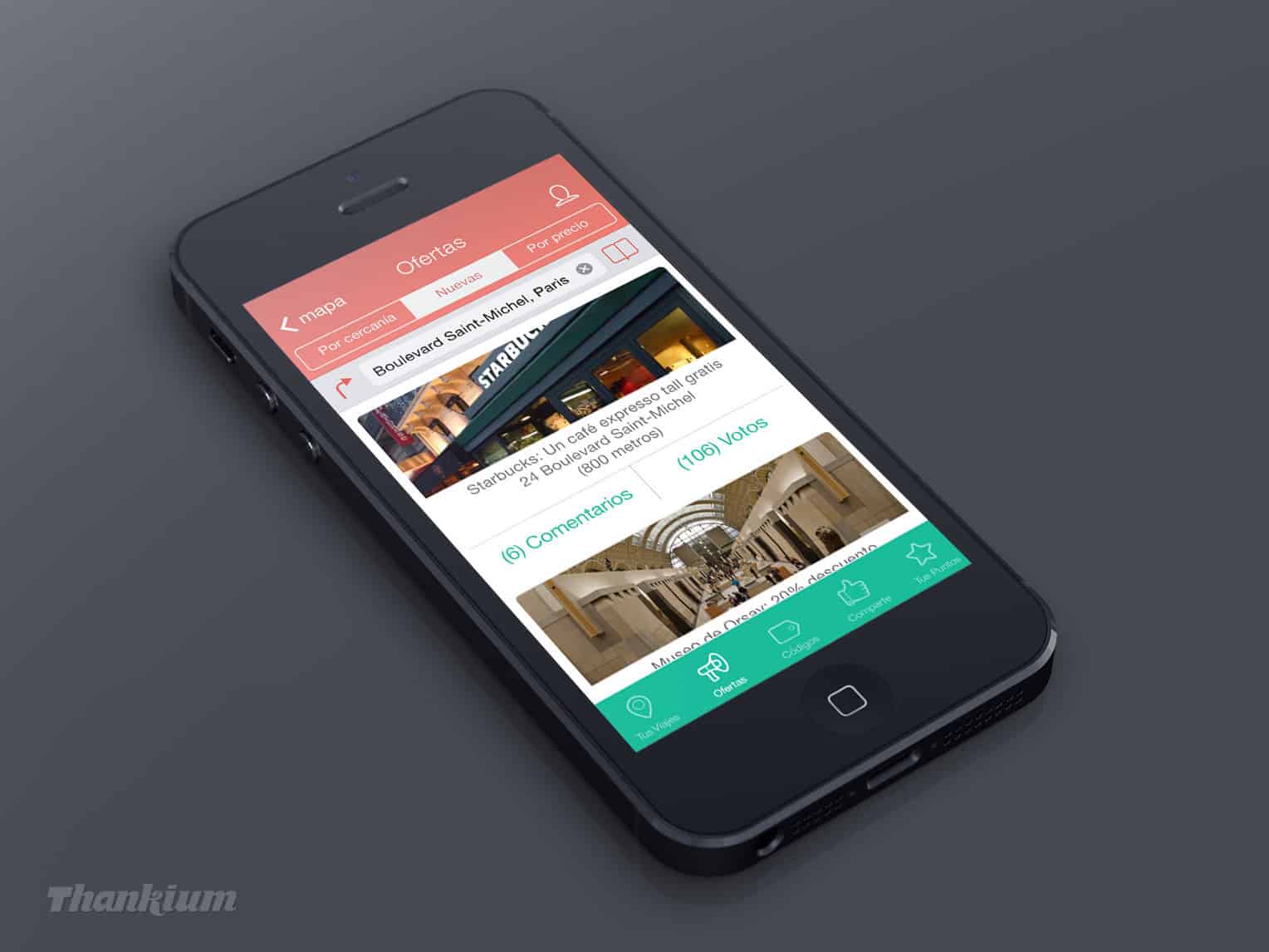 Aplicación de ofertas en iPhone mostrando descuentos en Starbucks y museos en París.