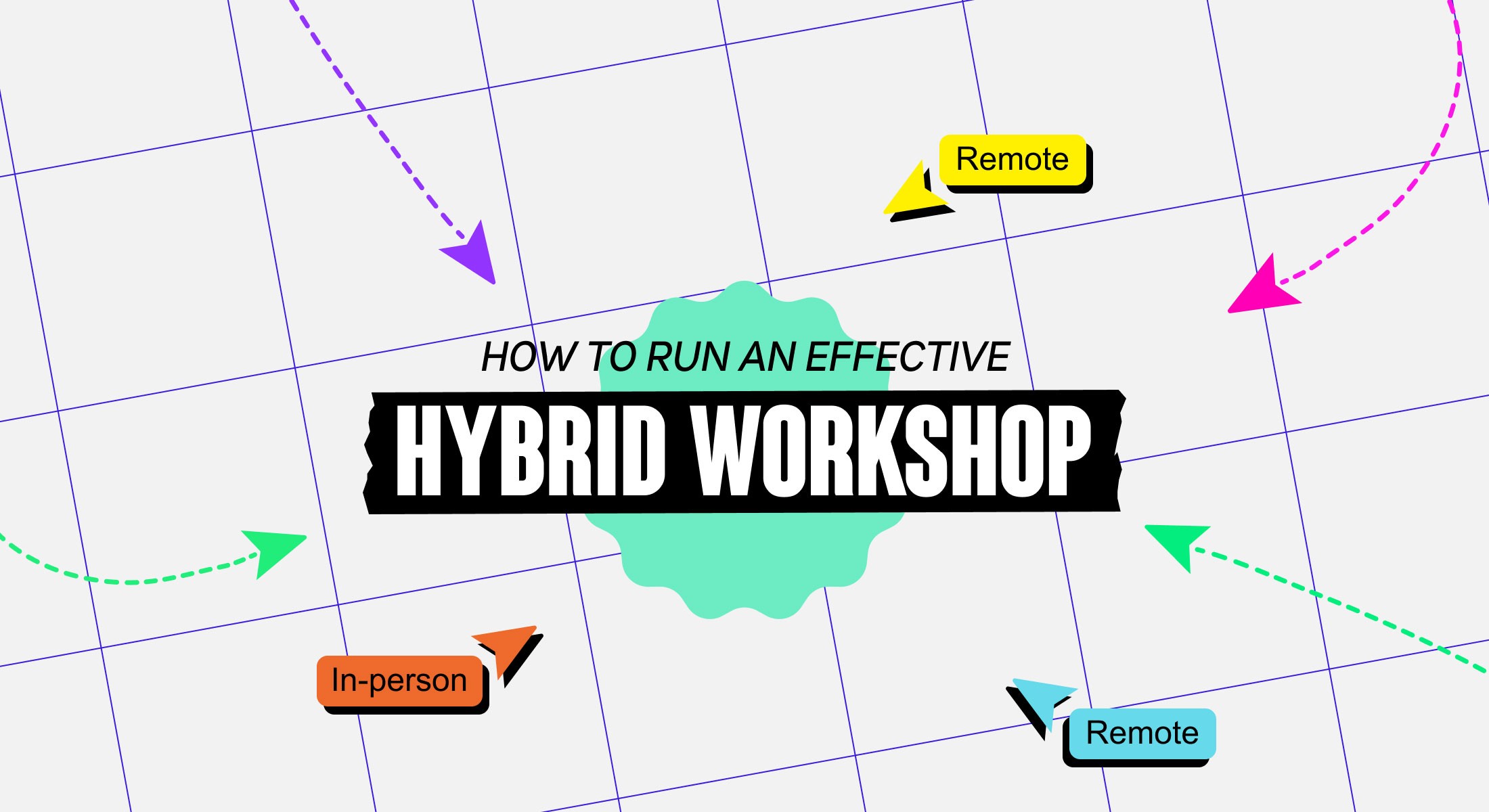 Wide layout with paper airplane icons labeled Remote and In-person converging on a hybrid workshop title
