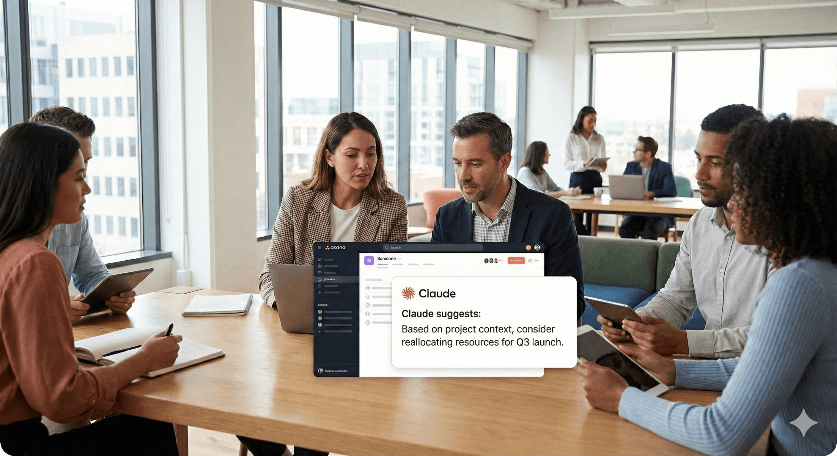 A diverse group of professionals is gathered at a modern office table, engaging in a collaborative discussion while viewing project suggestions from a Claude notification displayed on a laptop screen, emphasizing project management efficiency with Asana and Claude.