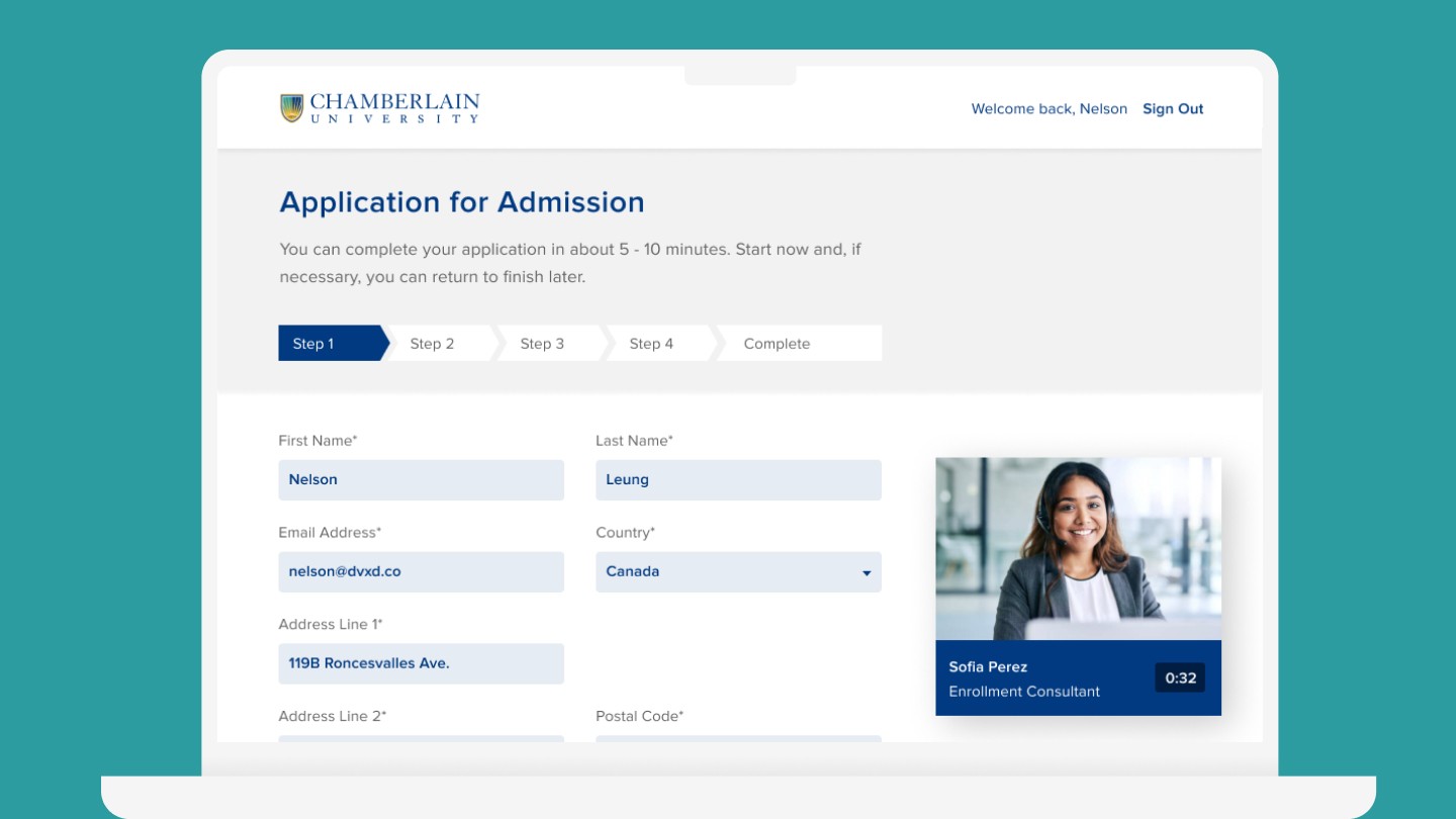 Alt text: "Online admission application screen for Chamberlain University. Form fields include name, email, and address. A smiling advisor's photo appears on the right. The banner reads 'Step 1 of 4' indicating progress."