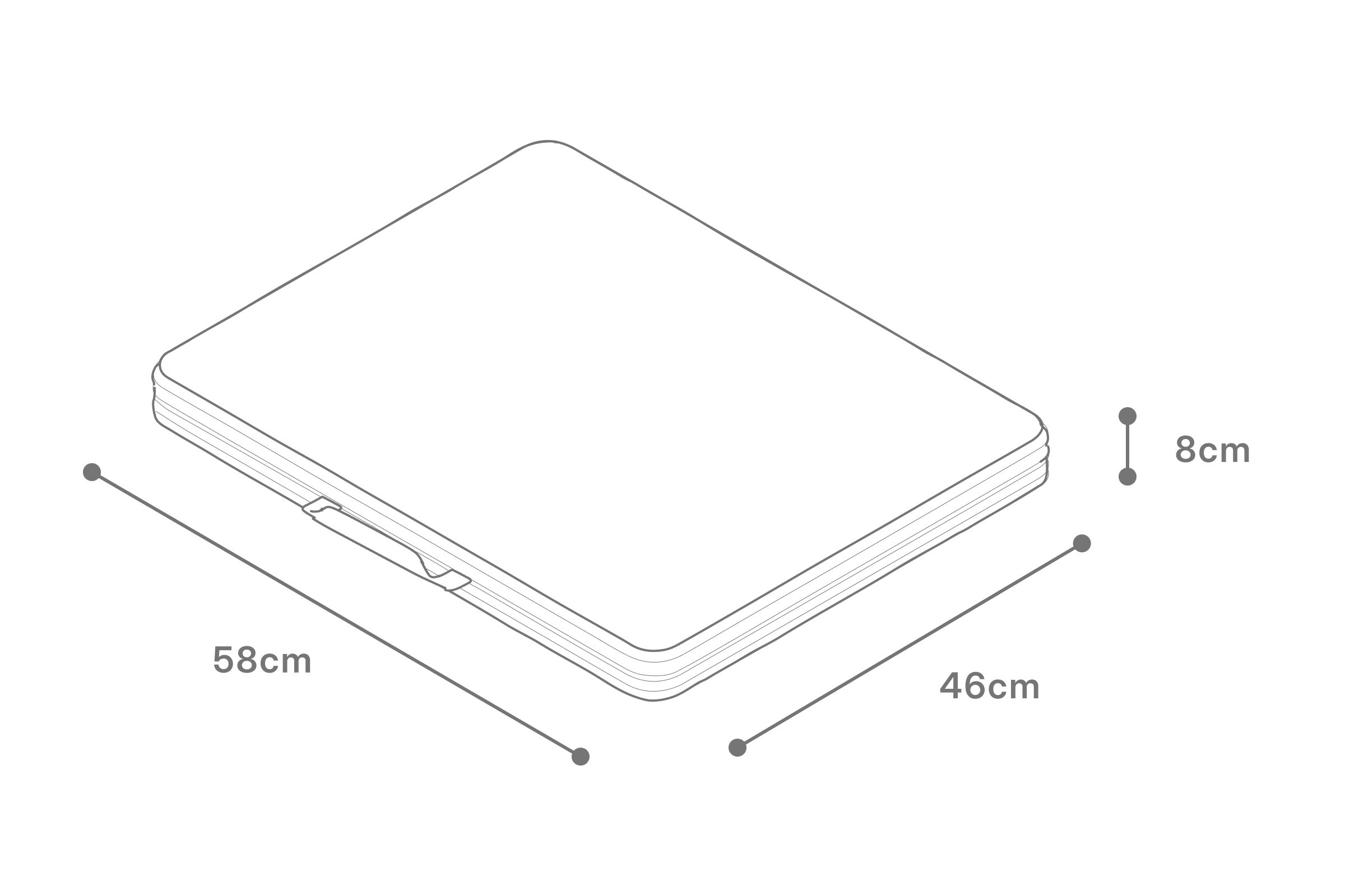 Illustration of compact carry case for luxury pool float, measuring 58cm x 46cm x 8cm — travel-friendly and refined.