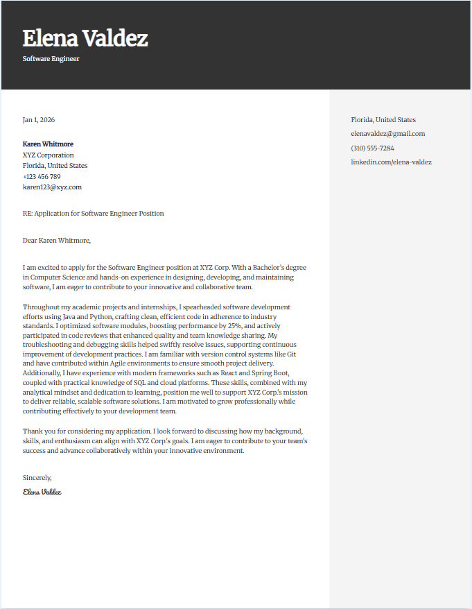 Sample cover letter for software engineer entry level