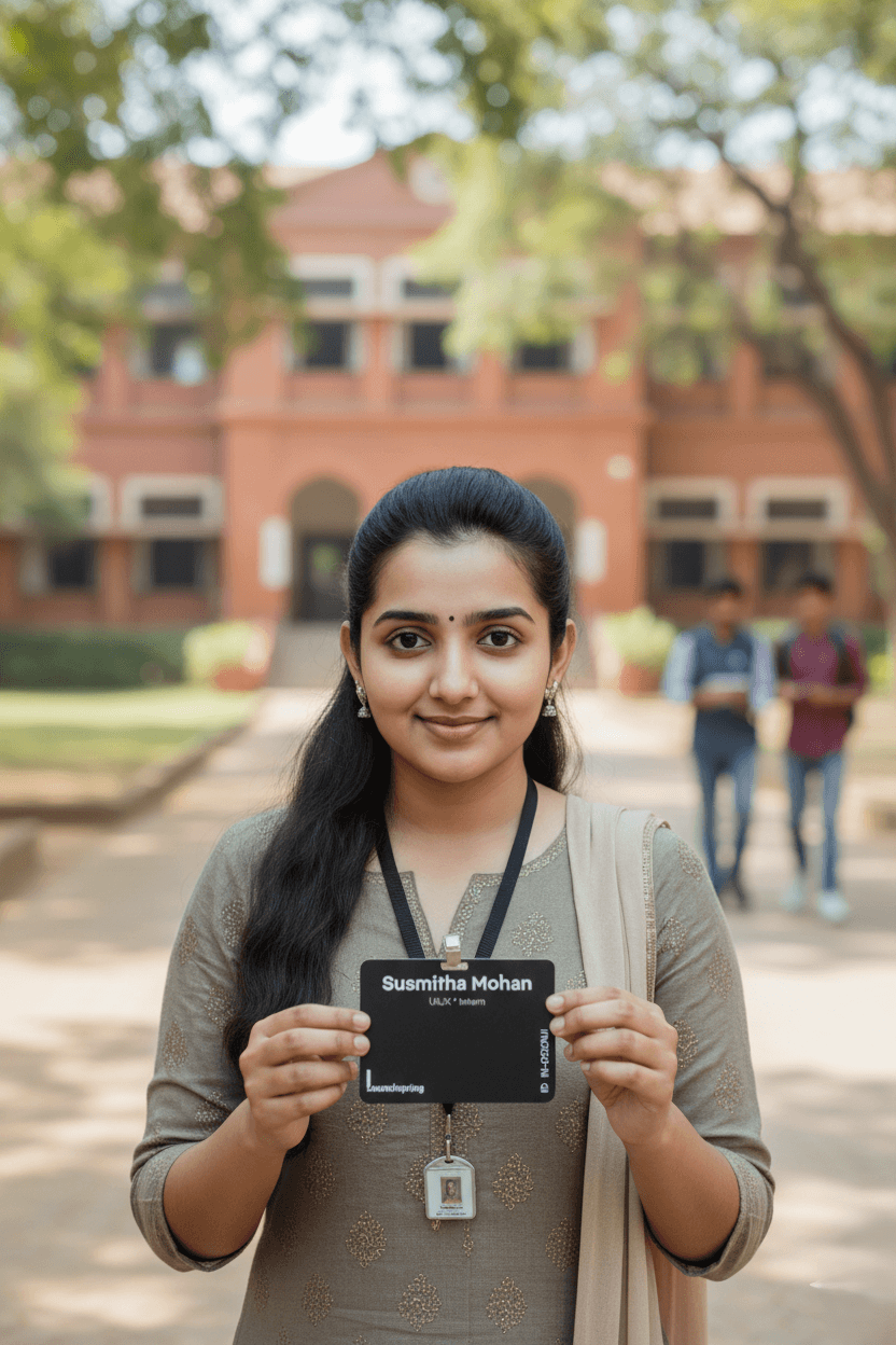 A smiling woman with her arms crossed, standing against a dark green background. She has long, dark hair.