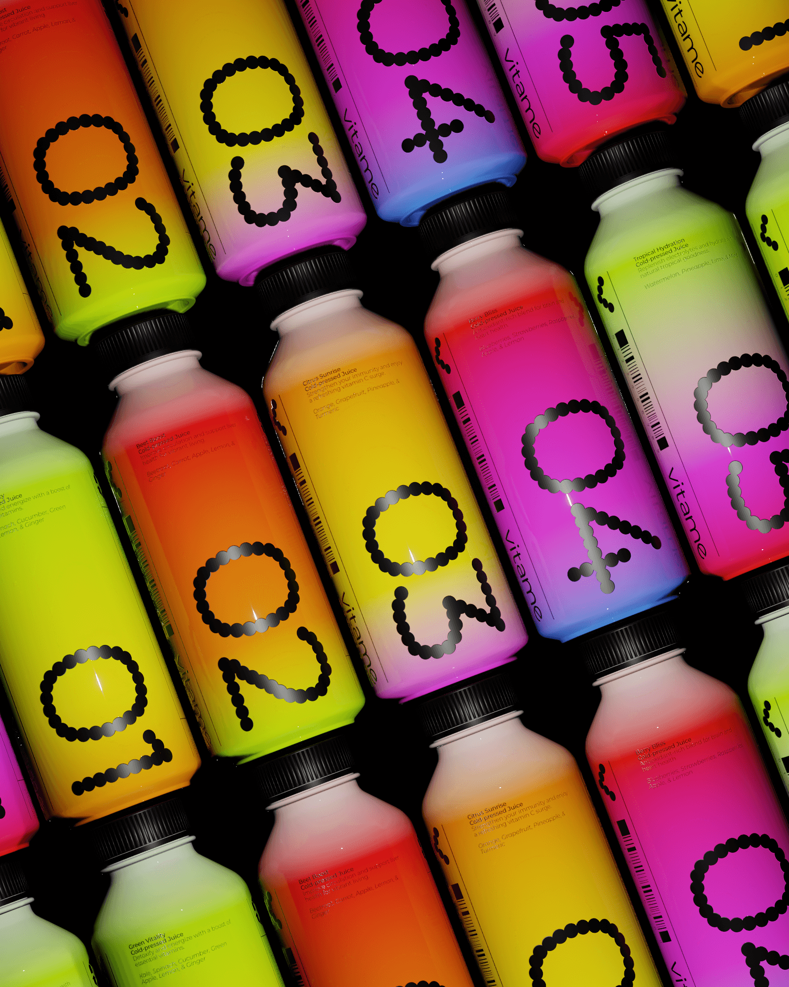 Vitame's vibrantly colored juice bottles.