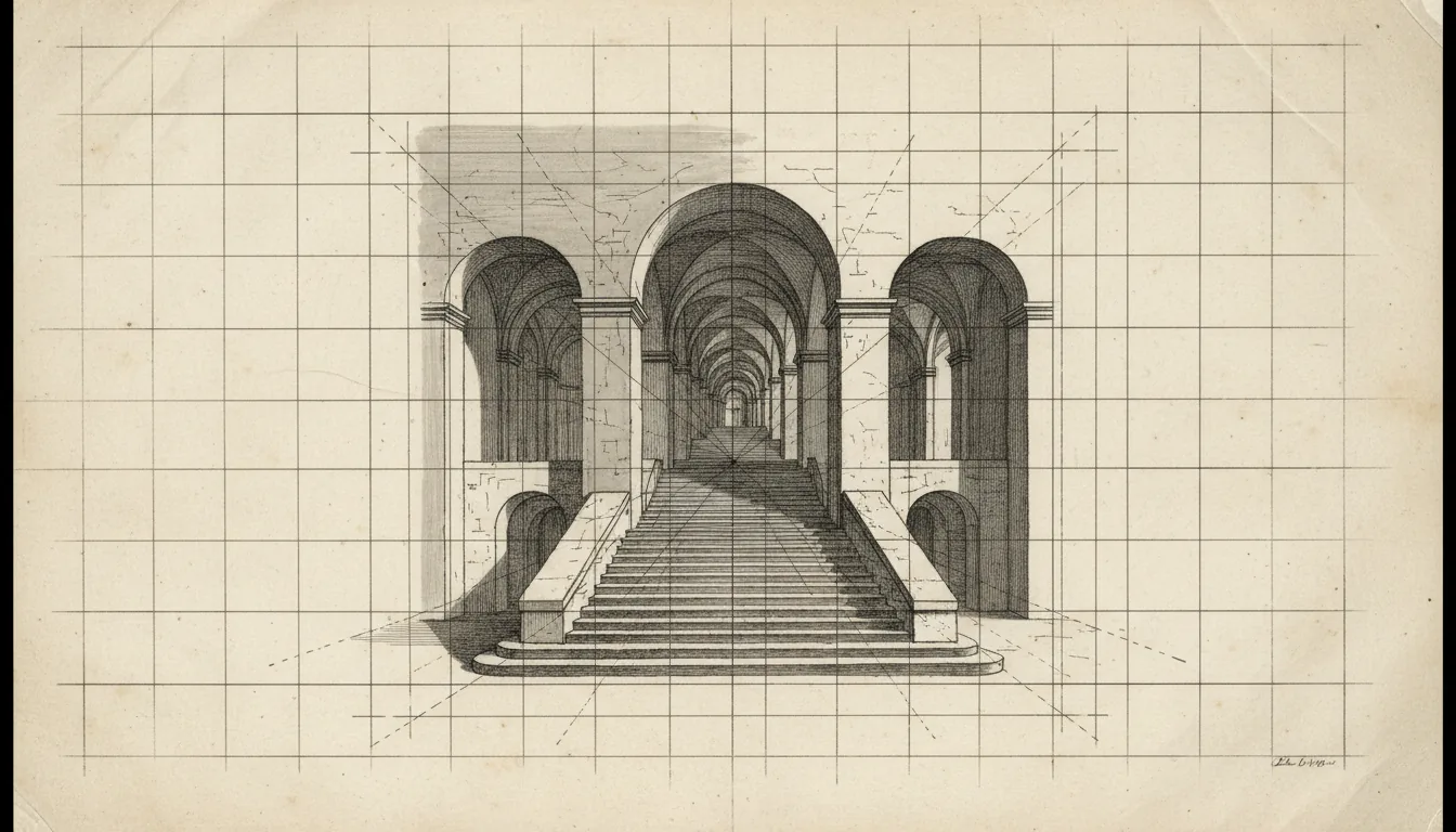 DSLR photograph of an 18th-century architectural etching, a technical study in perspective. The subject is a stone staircase and arched doorways, detailed with fine black ink linework, a geometric grid, and dotted construction lines. High-contrast, dramatic shadows are rendered with a smooth grey ink wash in a chiaroscuro style. The composition is in sharp focus, capturing the fibrous texture of the aged, off-white paper under even studio lighting.