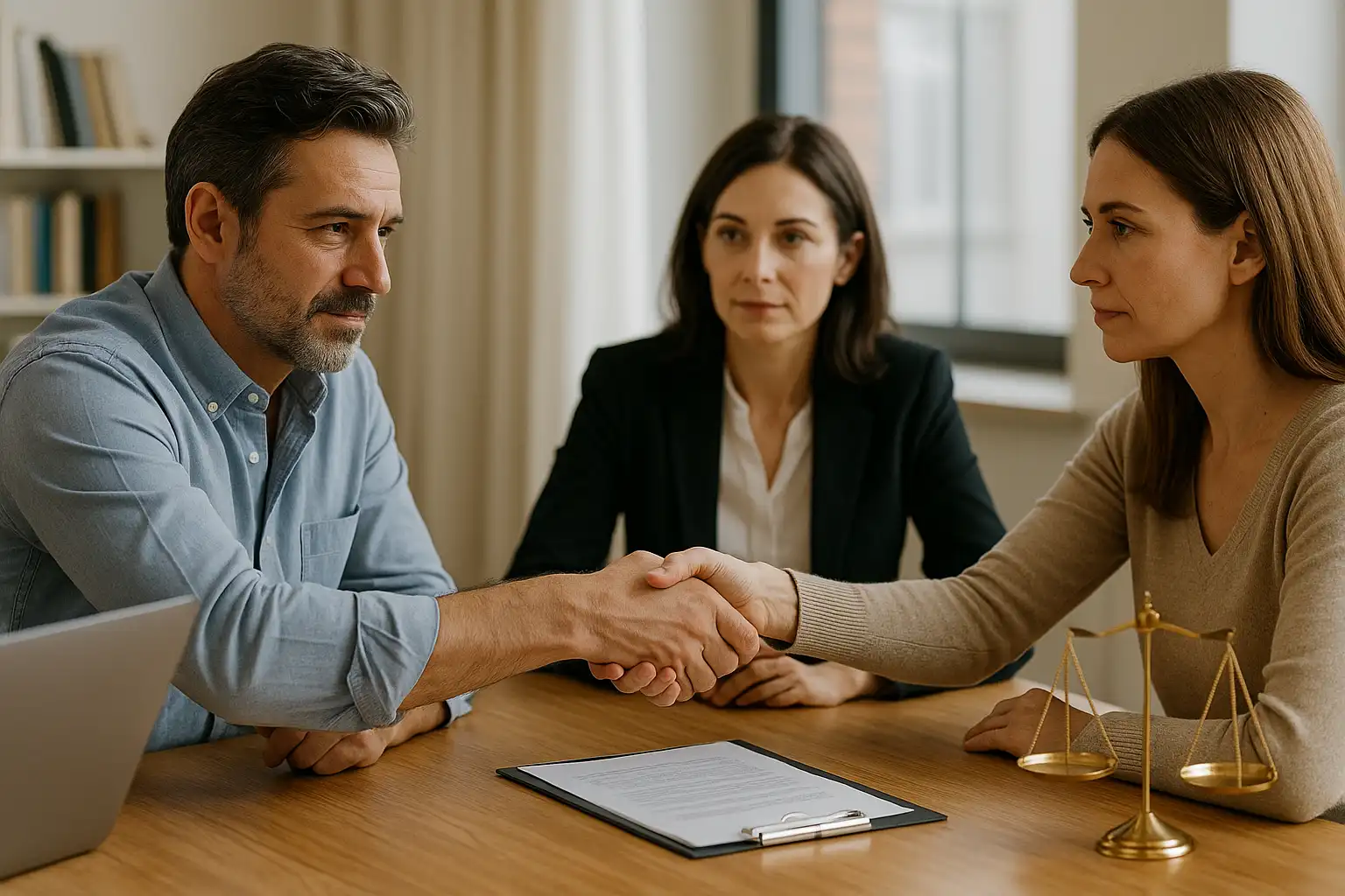 Pareja estrechando manos durante una reunión colaborativa de divorcio con su abogado, con un acuerdo de conciliación sobre la mesa y una pequeña estatua de la balanza de la justicia cercana.